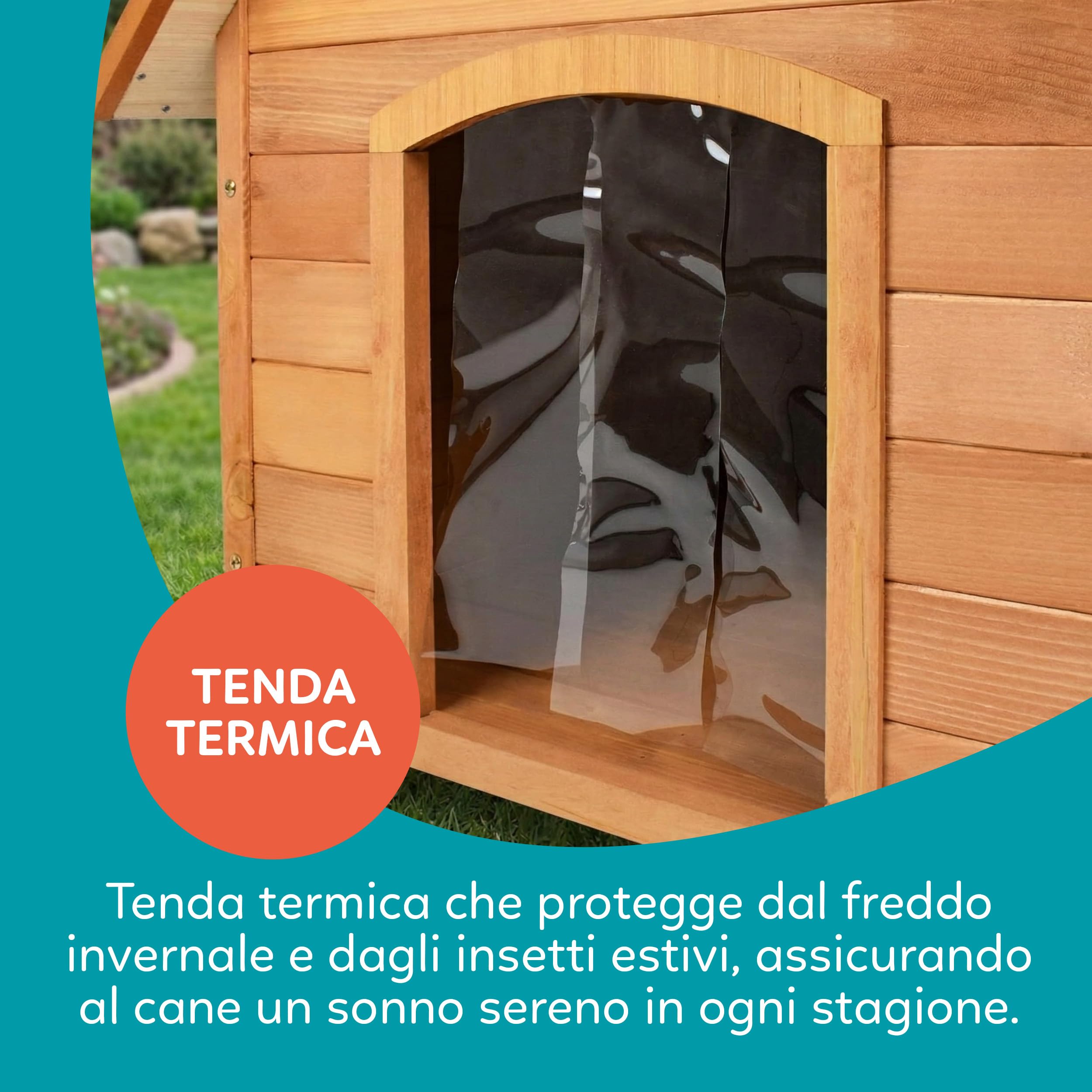 AQPET Cuccia per Cani in Legno M da Esterno con Tetto Spiovente Impermeabile e Tenda Termica, Casetta Cane Isolata per Interno ed Esterno, Resistente alle Intemperie, 87x116x96h cm