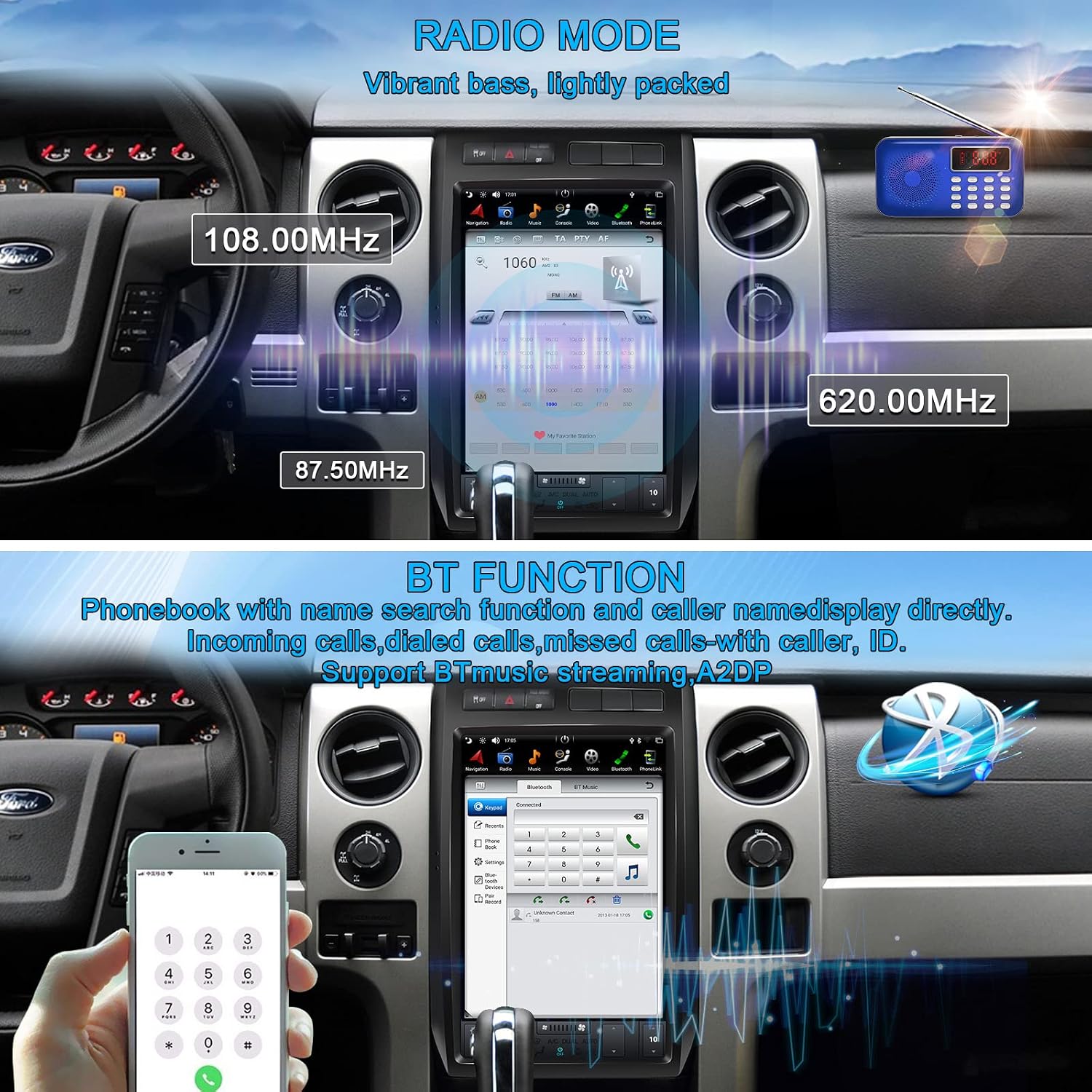 Screenshot of the CUSP car stereo showing radio mode with frequency display and Bluetooth function for phonebook and music streaming.