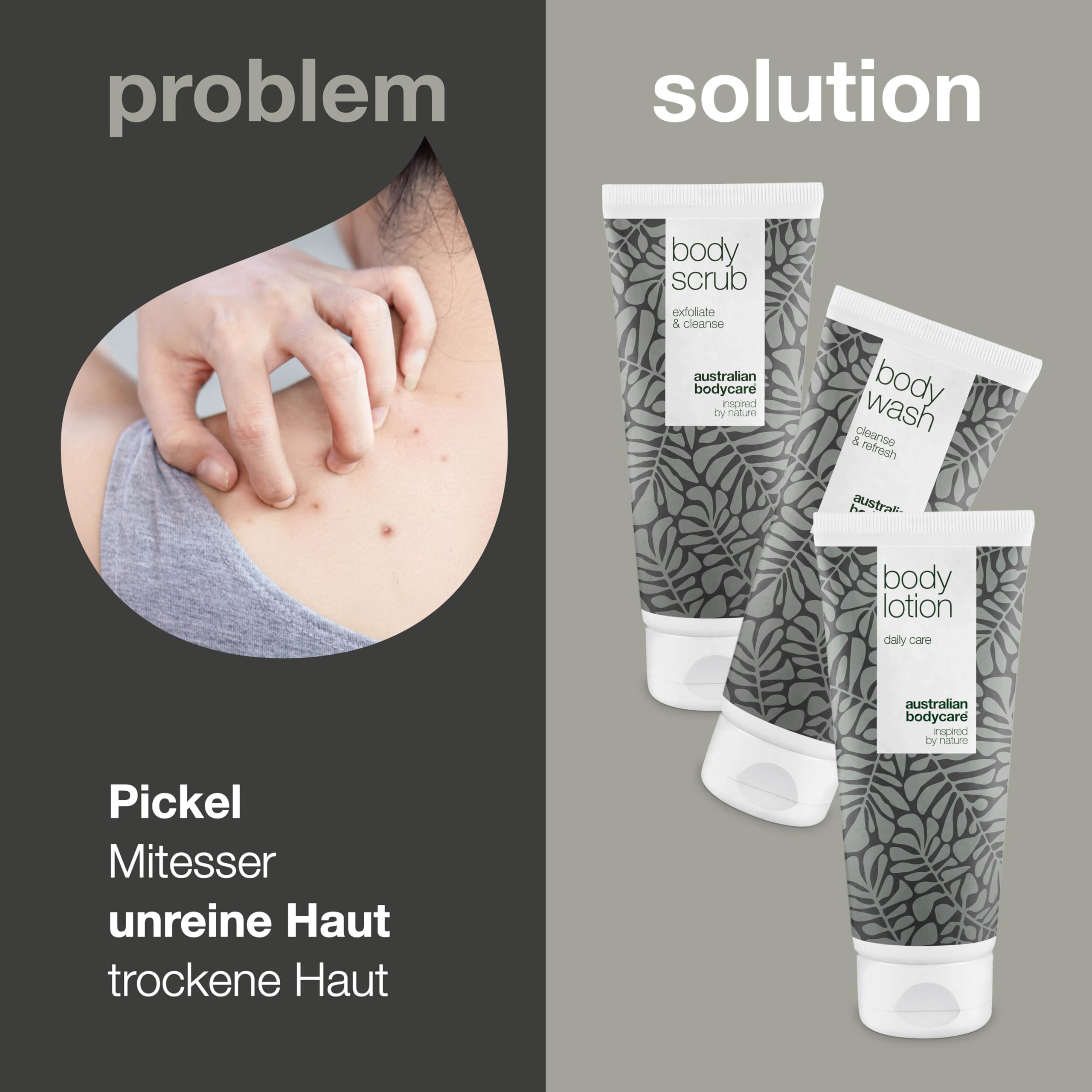 Australian Bodycare Set gegen Pickel auf dem Rücken | Teebaumöl Körperpeeling, Duschgel & Bodylotion bei unreiner Haut & gegen Pickel am Po | Auch gegen Juckreiz am ganzen Körper | 100% Vegan