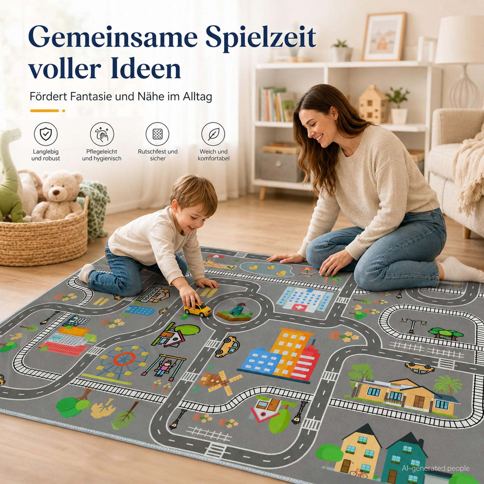 Tappeto Pista Macchinine Strade Antiscivolo Lavabile Gioco per Cameretta Ragazzi e Ragazze (A,90x150cm)