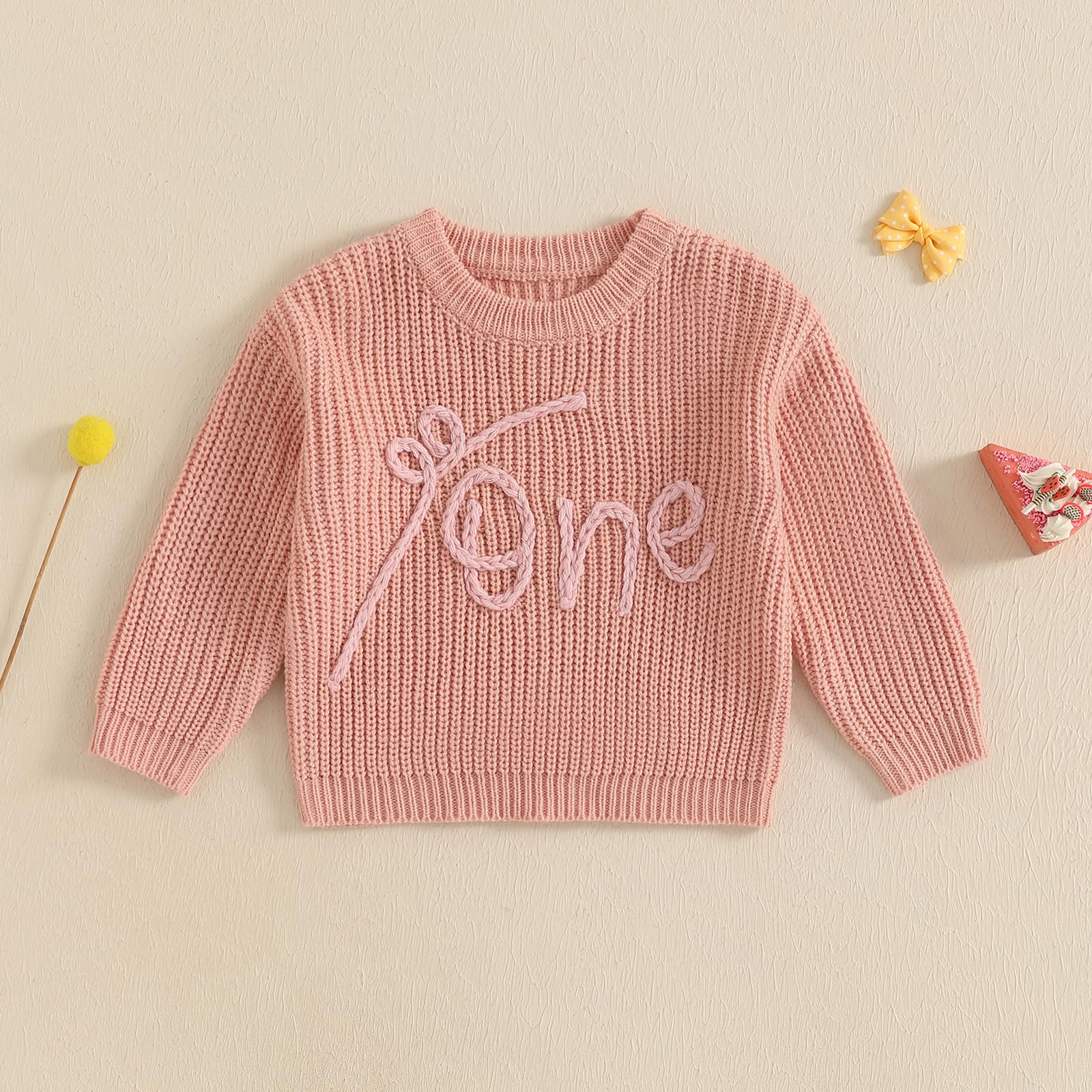 Infant Baby Girls First Birthday Sweater Coquette Bow One Embroidery Round Neck Pullover Knitwear Top (Pink, 12-18 Months)