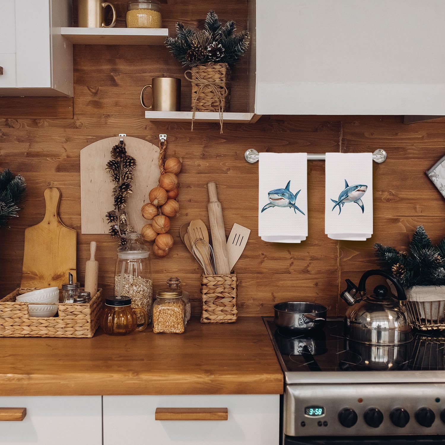 Coastal Shark Bathroom Decor Hand Towels, Sharks Gifts, Kids Bathroom Decor, Coastal Beach Kitchen Towels, Nautical Dish Tea Towel for Kitchen Decor, 16x24 Inch Set of 2 - Image 4