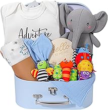 Baby Boy Gifts for Baby Shower,Baby Boy Gifts Basket Includes Newborn Blanket,Essentials Infant Rattle Socks Elephant Toys Onesies