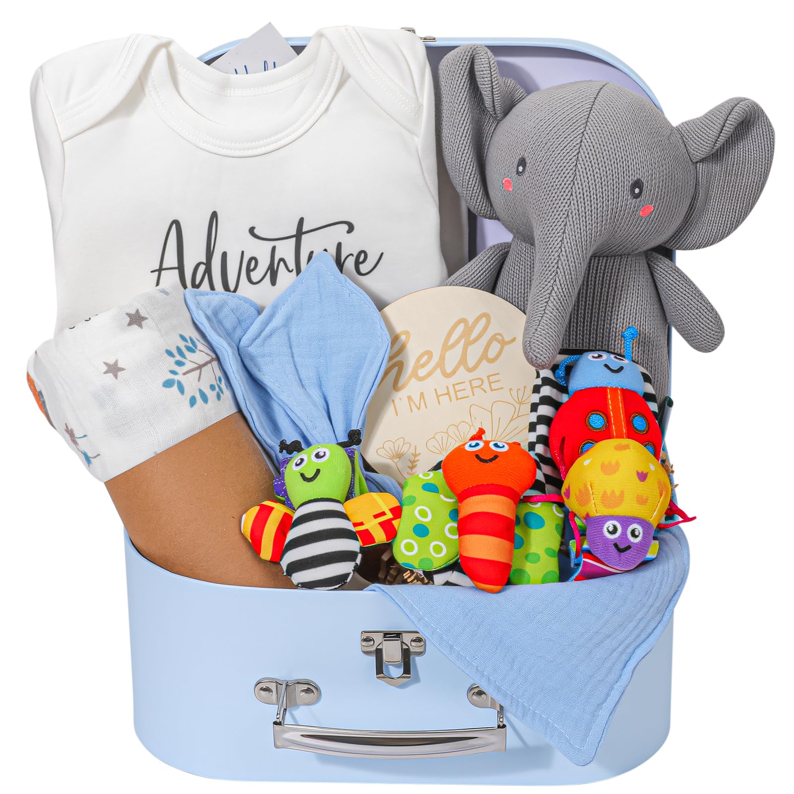 Regalos para bebé niño para baby shower. La canasta de regalos para bebé niño incluye manta para recién nacido, elementos esenciales, sonajero para bebé, calcetines, juguetes de elefante, monos.