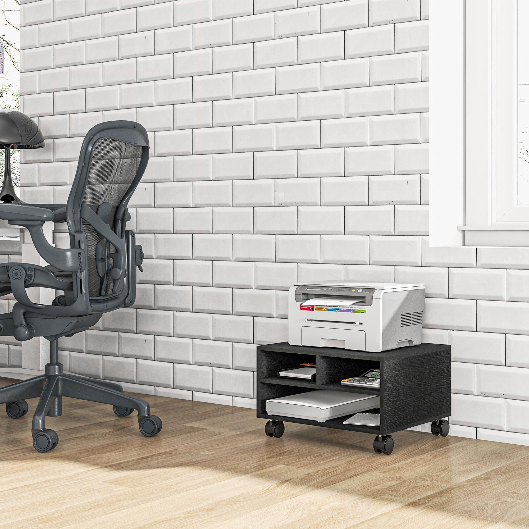 HOMCOM Mobile Porta Stampante a 2 Ripiani, Mobiletto per Ufficio e Studio in Legno con Ruote, 47x40x22.5cm, Nero