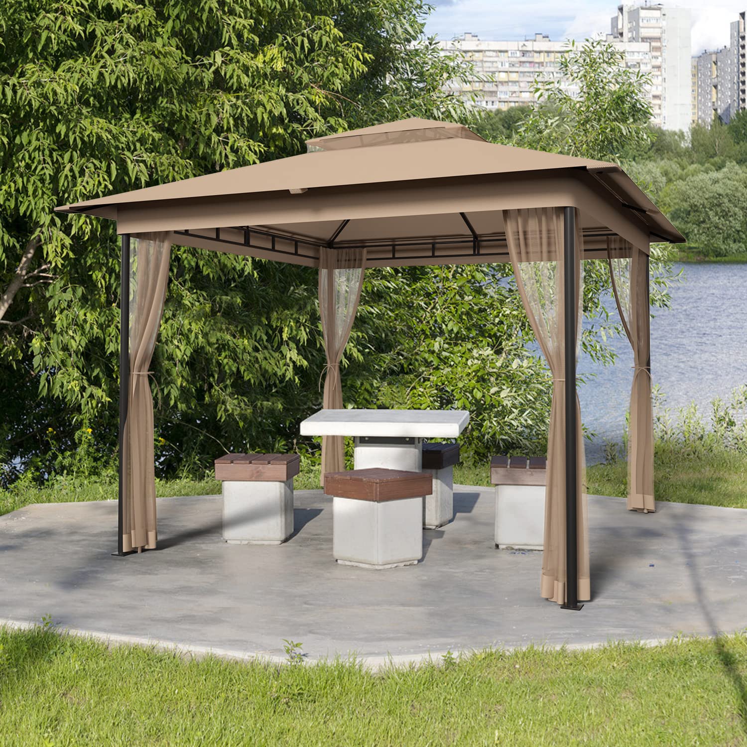DikaSun Gazebo 10x10 Patio Gazebo Durable Steel Frame Double Roof