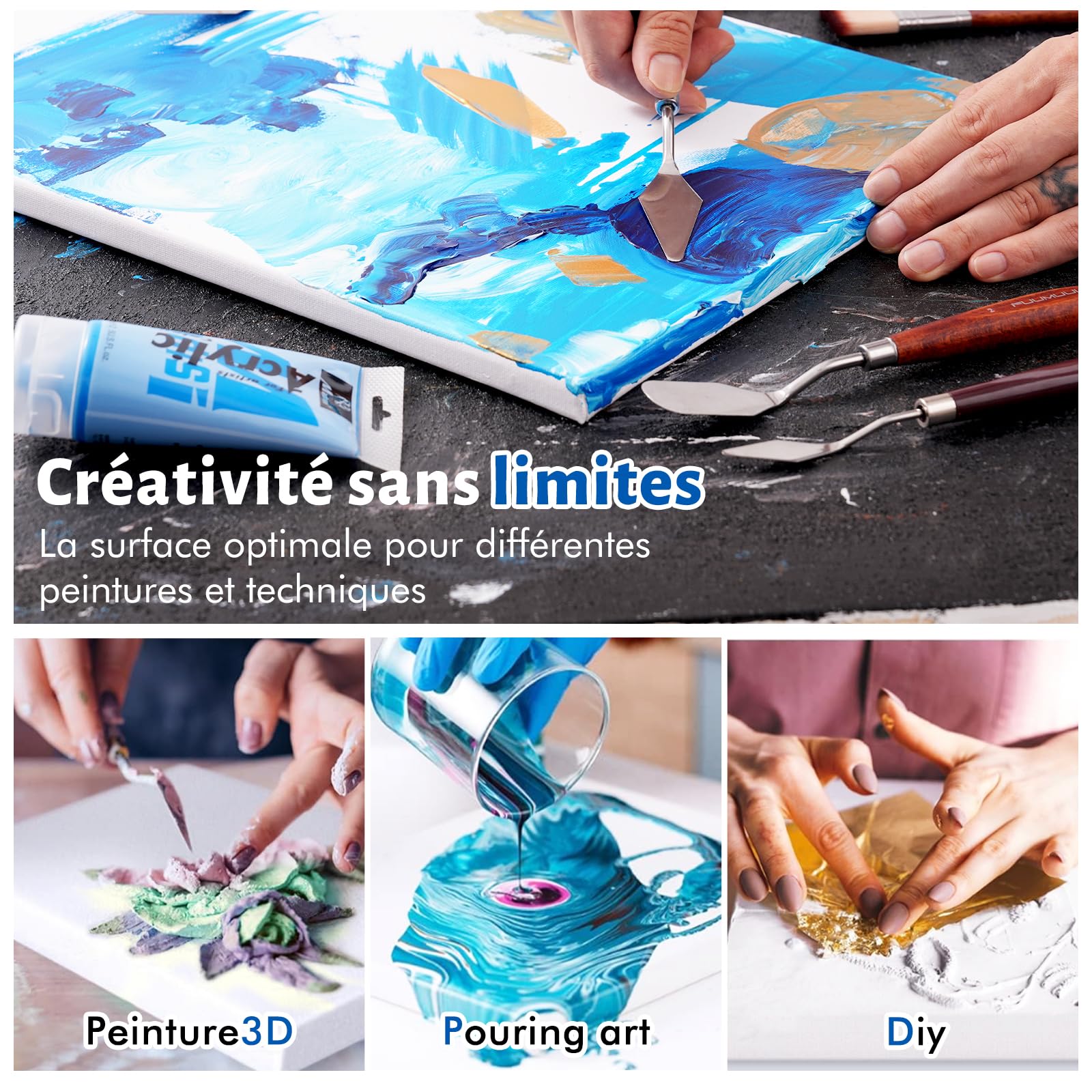 Toile Peinture 40x50, 30x40, 20x30 cm – 9 pièces Toile à Peindre Pré-Étirée pour Artiste, 100% Coton, Bois certifié FSC, 280GSM, 1,7 cm Épaisseur | Toiles Encadrées Sans Acide, Triplement Apprêtées
