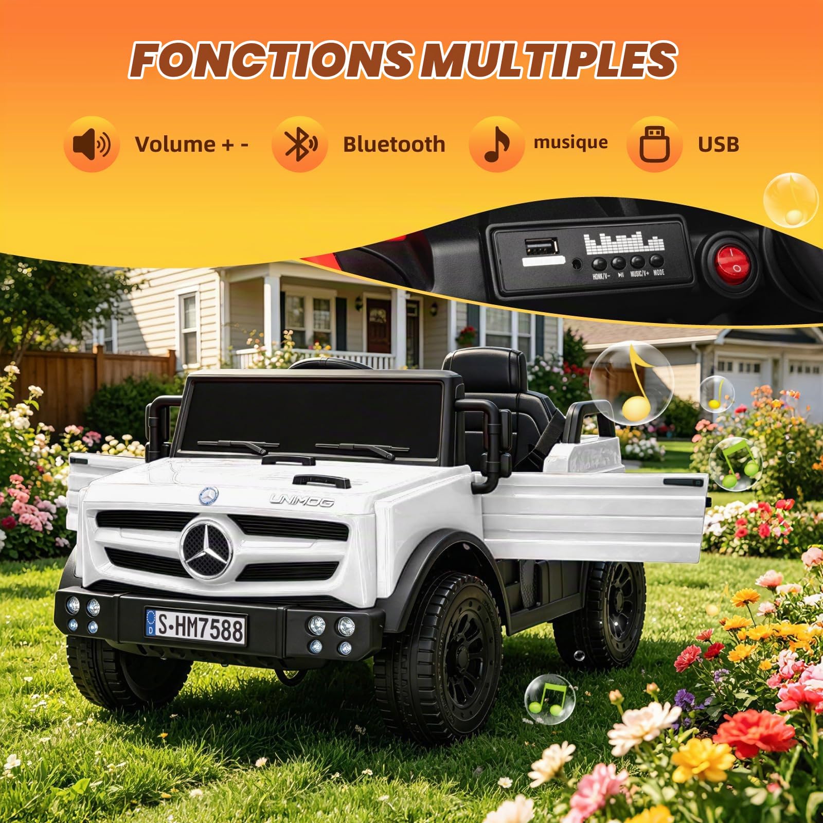 TCARAIWEN Voiture Électrique Enfant Mercedes-Benz Unimog sous Licence, Voiture Enfant 12V pour 3-6 Ans, Véhicule avec Télécommande, Ceinture 3 Points, Bluetooth, 5 km/h (Blanc)