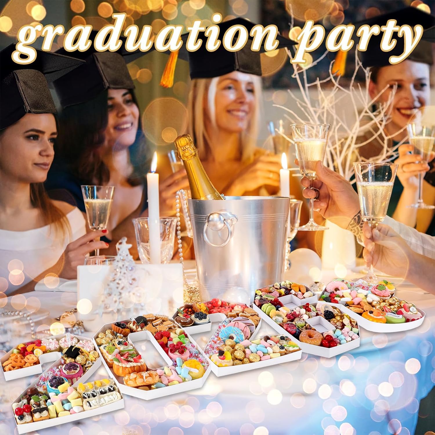 Tellingyou 5 Pcs 14.6" 2026 Graduation Charcuterie Number Fillable Cardboard Box for Graduation Party 2026 Number with Grad Hat Fillable Box Mache Chocolate Candy Congrats Party Supplies(White)