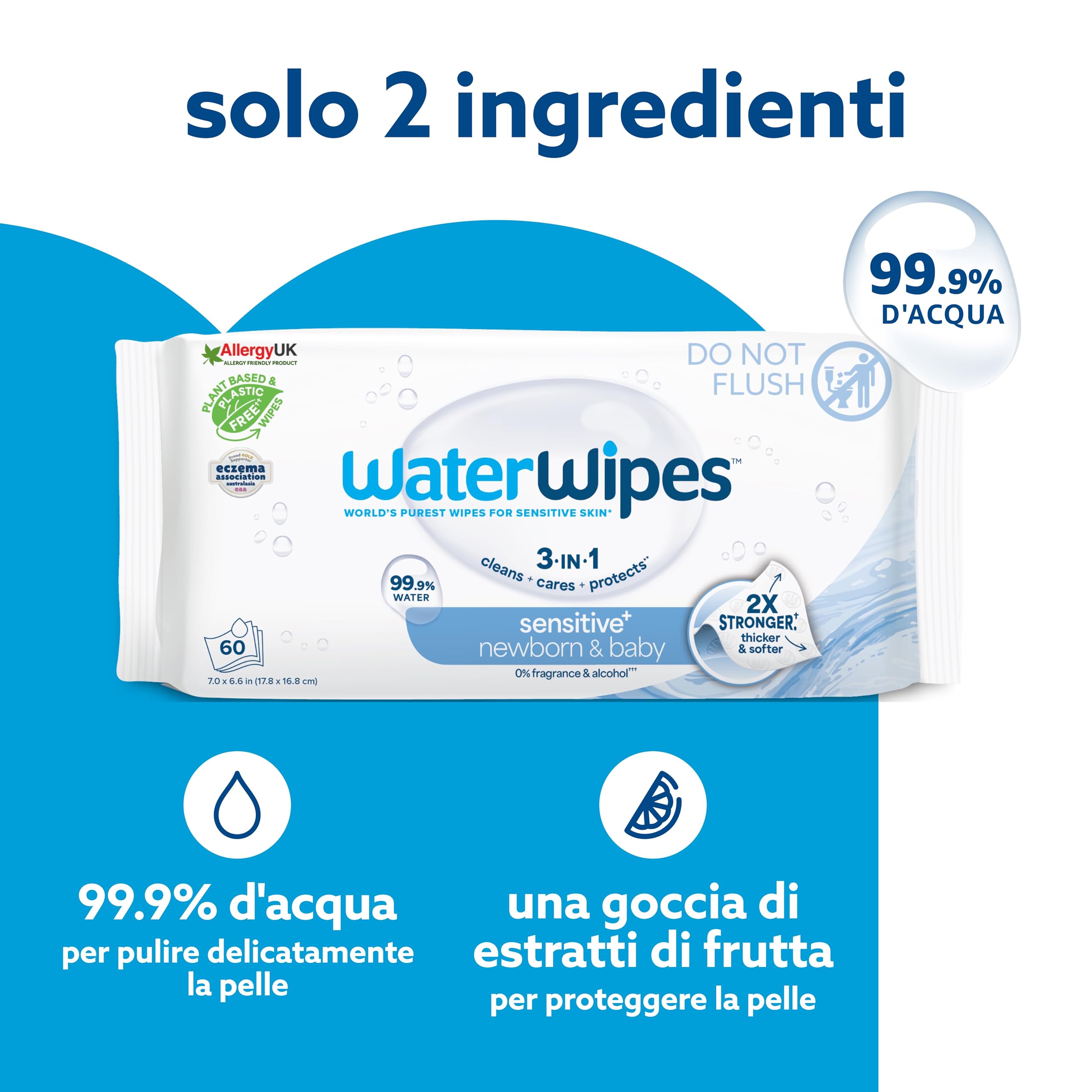 WaterWipes Sensitive+ Newborn & Baby Wipes, 720 Pezzi (12 Confezioni), Deterge, Cura, Protegge, 99,9% Acqua, Senza Profumo