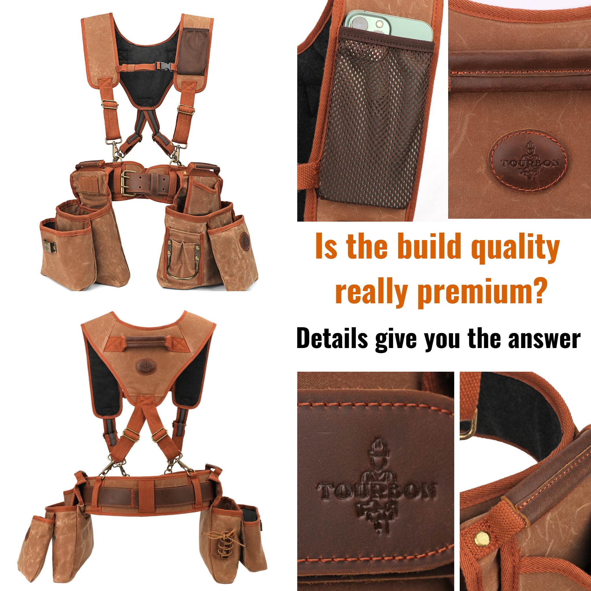 Tourbon Ceinture à outils de menuiserie détachable et robuste avec bretelles en toile rembourrée pour encadrement de construction