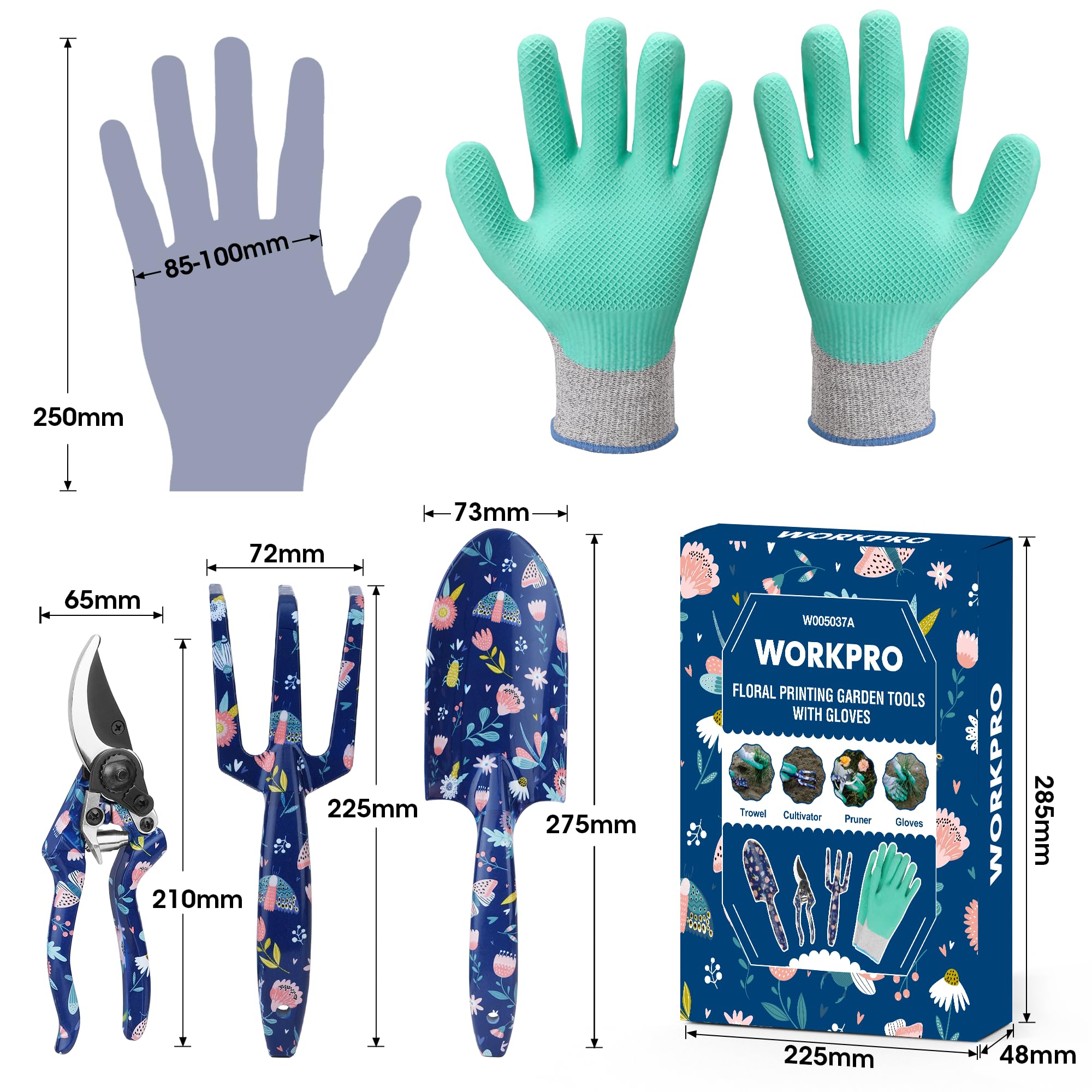 WORKPRO Zestaw 4 sztuk narzędzi ogrodniczych, narzędzia ręczne ze stali nierdzewnej z ergonomicznym uchwytem, w tym sekator, kiełnia, widelec ręczny i rękawice ogrodnicze - niebieskie