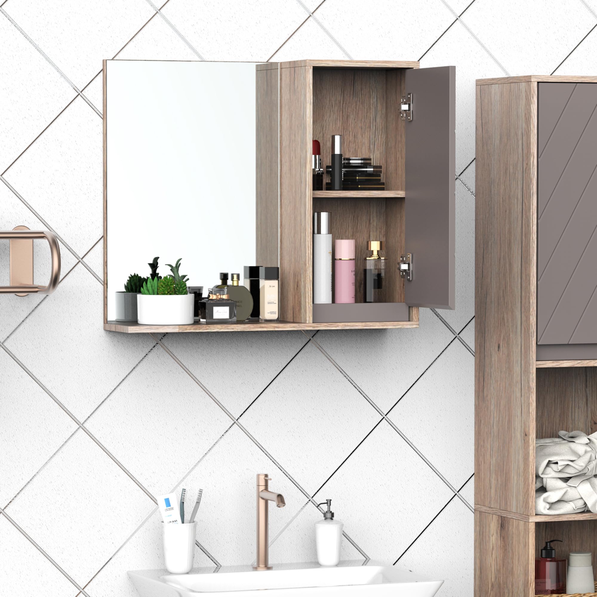 HOMCOM Armadietto Pensile per il Bagno con Mensola, Specchio e 2 Ripiani, Specchio Bagno Contenitore Installazione a Parete, Grigio e Rovere, 57 x 14.2 x 49.2cm