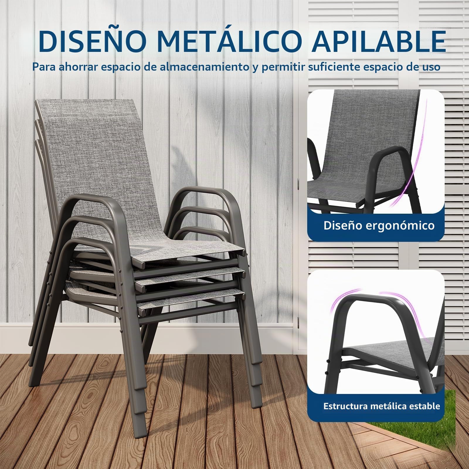 Litake Set 4 Sillas Apilables de Jardín Exterior, Sillas de Metal y Textileno con Respaldo Alto y Reposabrazos, Preensambladas, Estructura Anticorrosión, para Terraza Patio Balcón, Gris