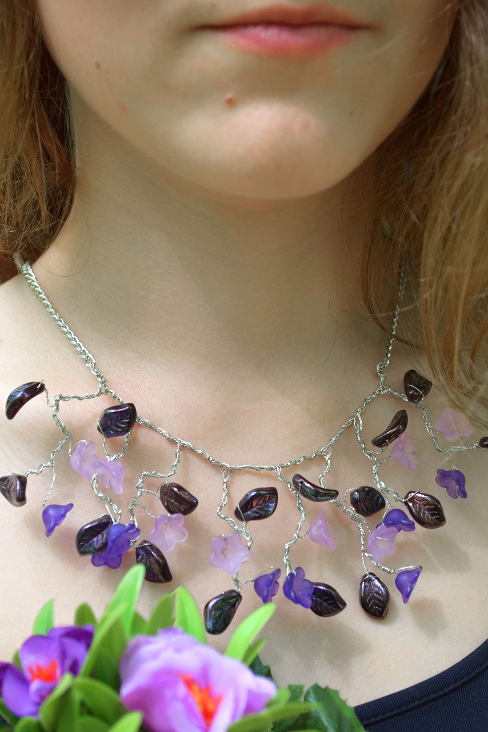 Flower necklace Floral jewelry Glass bead jewelry Wire wrap necklace Purple wedding necklace Leaf necklace Cascade branch twig jewelry Lavender jewelry charm bridal necklace Bridal jewelry