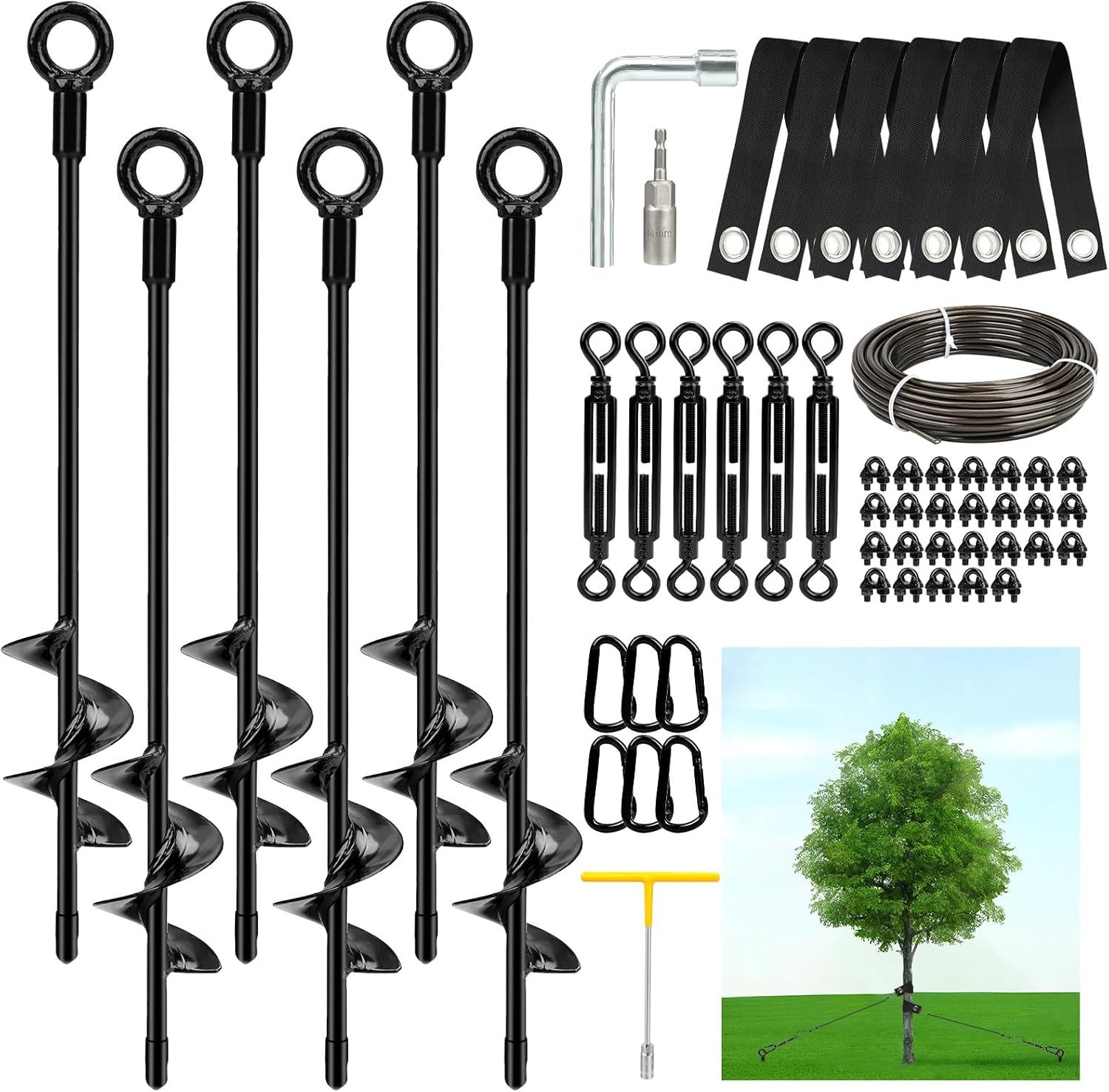 3 Pack 18" Tree Stakes and Supports for Leaning Trees, Tree Stake Kit Heavy Duty, Tree Supports Stakes with 3 Straps & 3 Turnbuckles & 3/16 PVC Coated Wire Rope