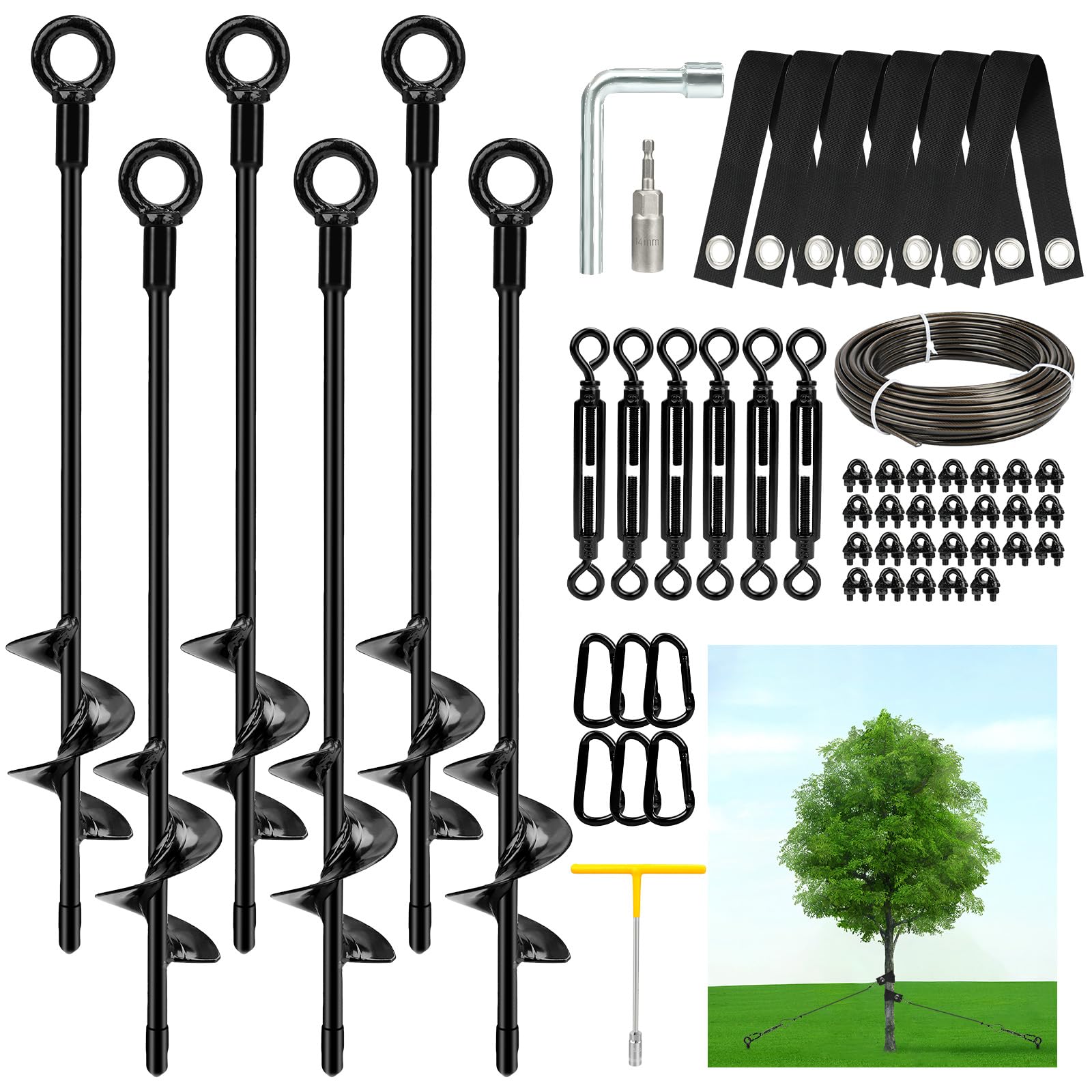 hannger 6 Pack 18" Tree Stakes and Supports for Leaning Tree Protection, Heavy Duty Tree Stake Kit, Tree Anchor Kit for Young Tree with 6 Tree Straps & 6 Turnbuckles & 3/16 PVC Coated Wire Rope