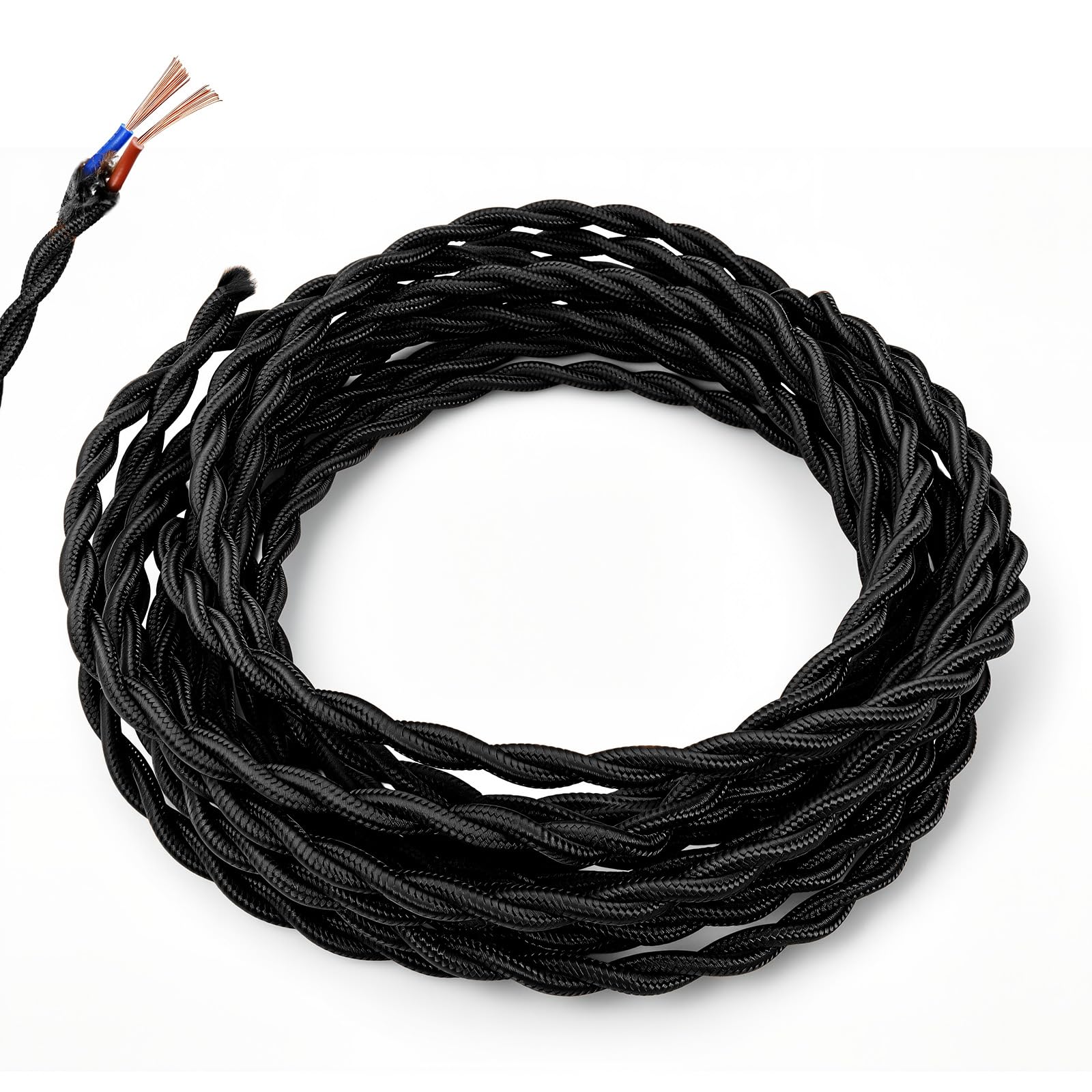 5m Black Vintage Twisted Fabric Cable, 2 Core 0.75mm² Pure Copper Braided Lighting Flex, VDE Certified Double Insulated Electrical Wire for Pendant Lamp, Retro Chandelier & DIY Industrial Lights