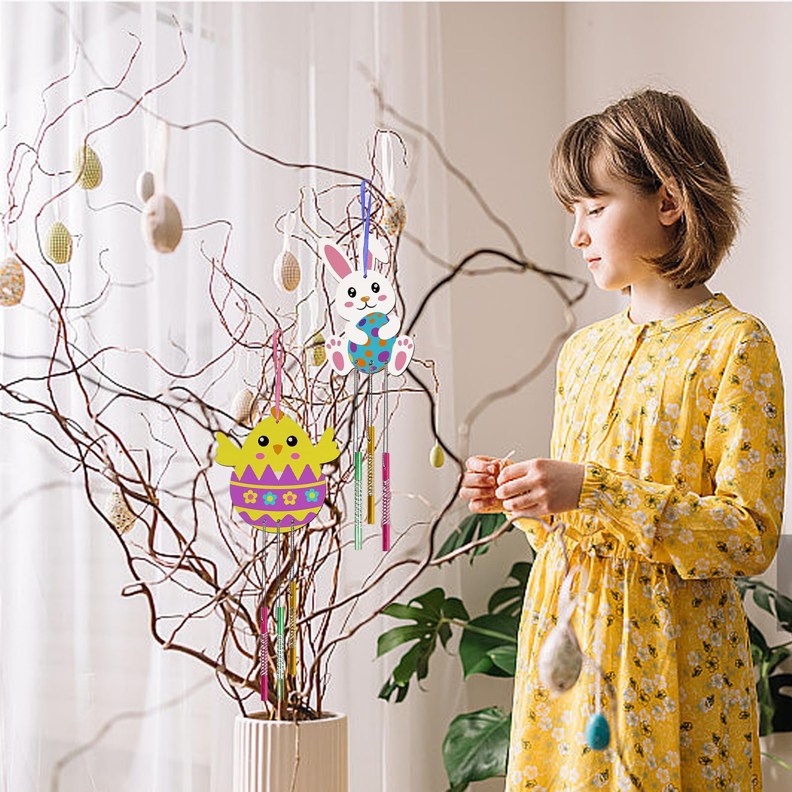 12 Piece Easter Windchimes Crafts Kit DIY Wooden Bunny Wind Chime Chick Shapes Children Pendant Wind Chime 3D Painting Hanging Decoration Windchimes for Easter Spring Girls Boys Gift Party Activities - Image 4