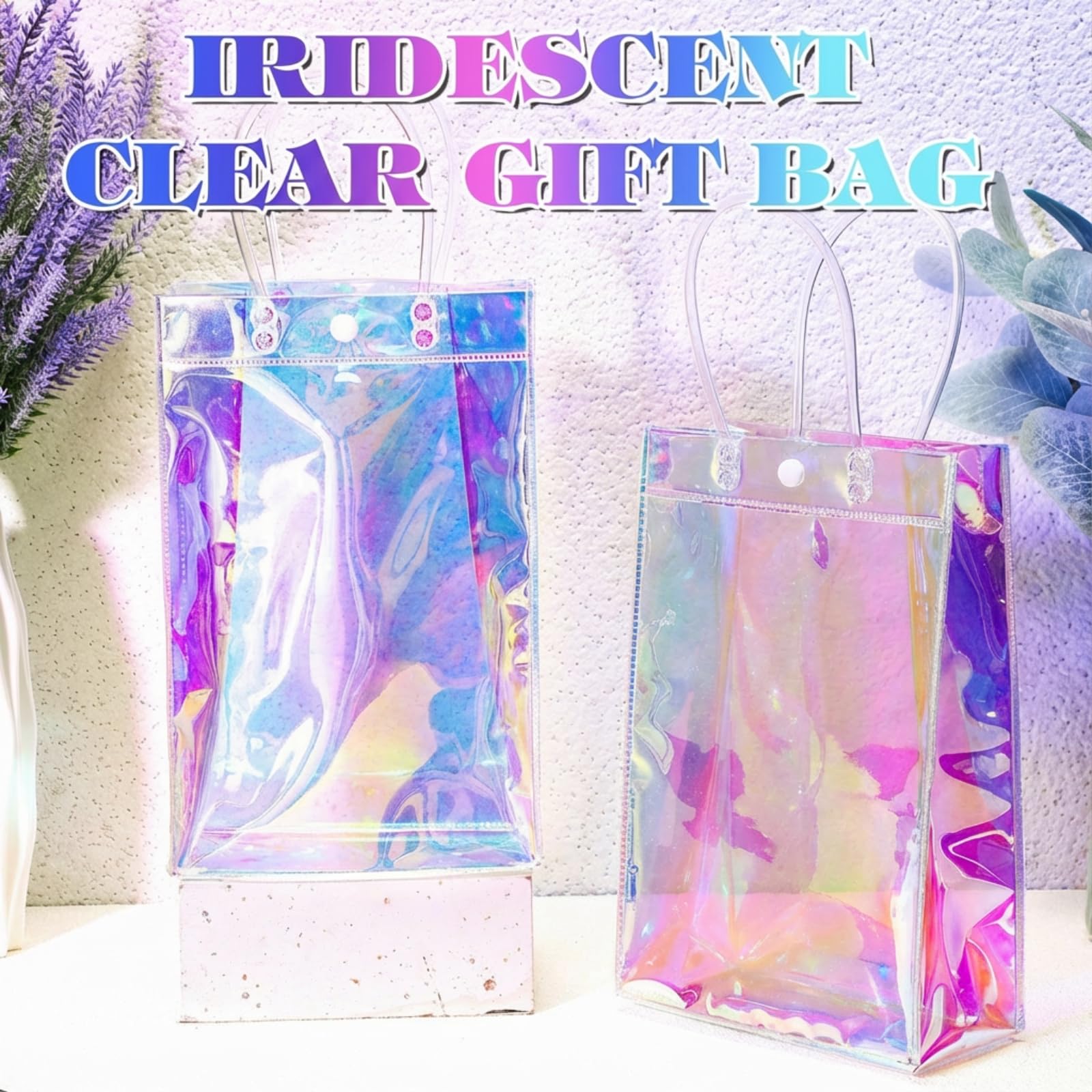 Sherr 16 Pcs Holographic Small Gift Bag Reusable Iridescent Clear Bags for Women PVC Plastic Goodie Holder with Handles for Shopping Christmas Holiday Party Favor(6.3" x 9.84" x 3.15",Rainbow)