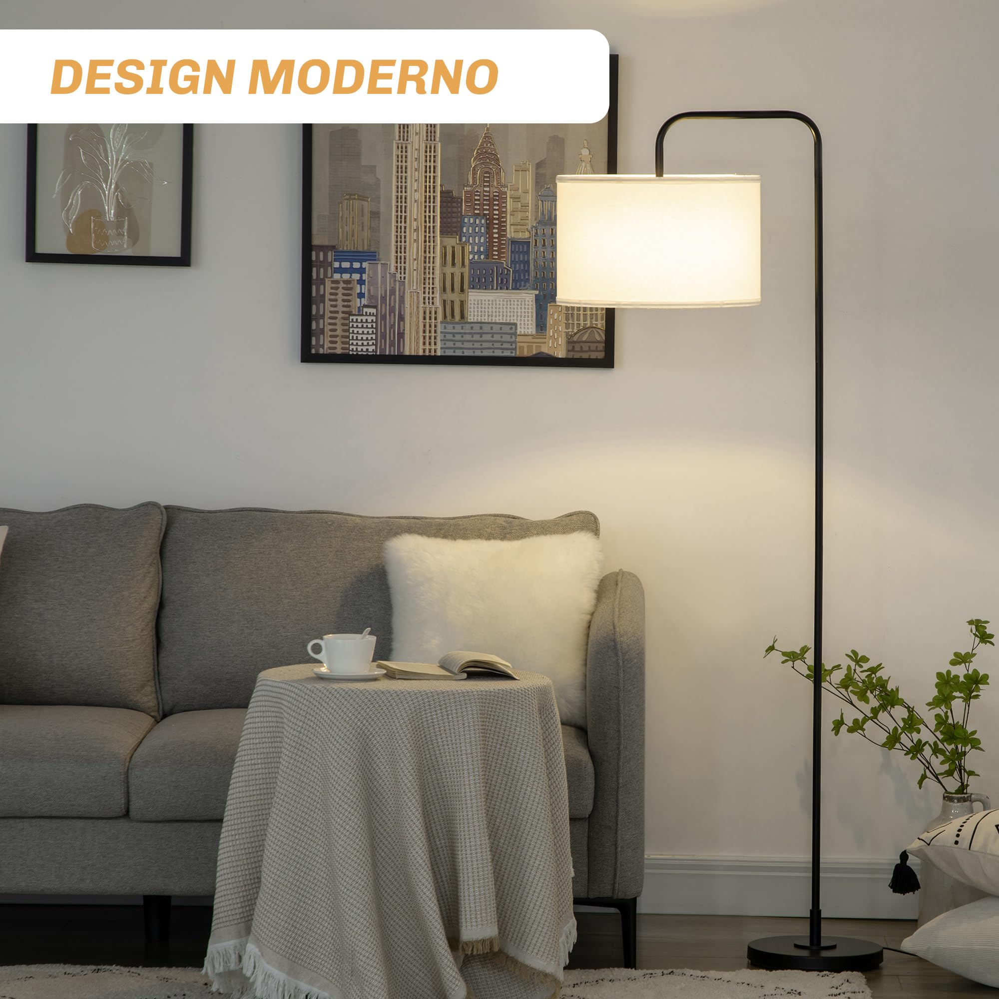 HOMCOM Lampada da Terra Arcuata con Interruttore a Pedale e Paralume in Tessuto Effetto Lino, Piantana Lampada da Terra in Acciaio, 64x38x163.5 cm, Bianca e Nera