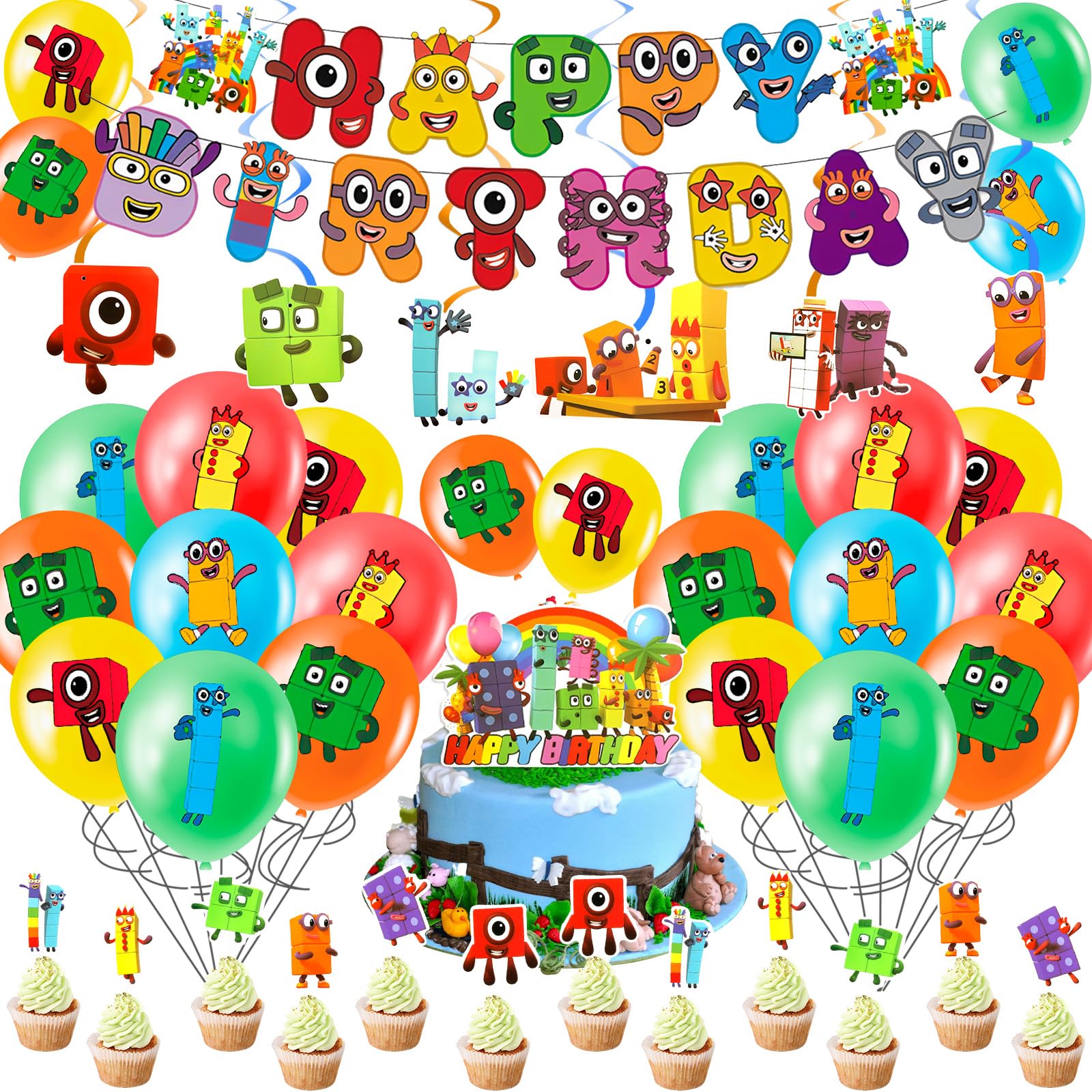 44PCS Block Birthday Decorations, Balloons Cake Toppers with Happy Birthday Banner, Party Decorations for Kids Boys Girls — image 1