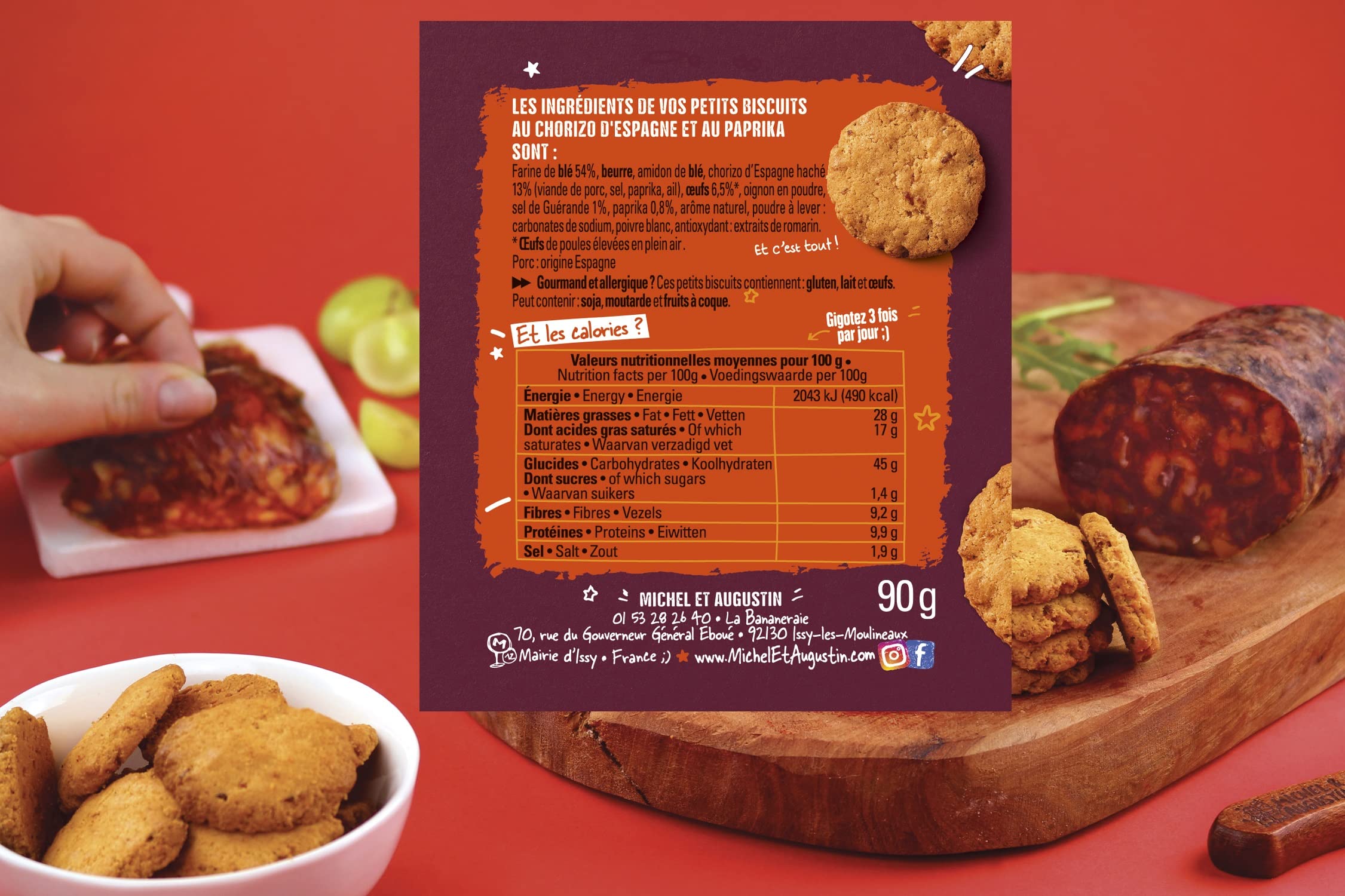 Michel et Augustin Chorizo - Galletas para aperitivos (90 g, 12 bolsas)