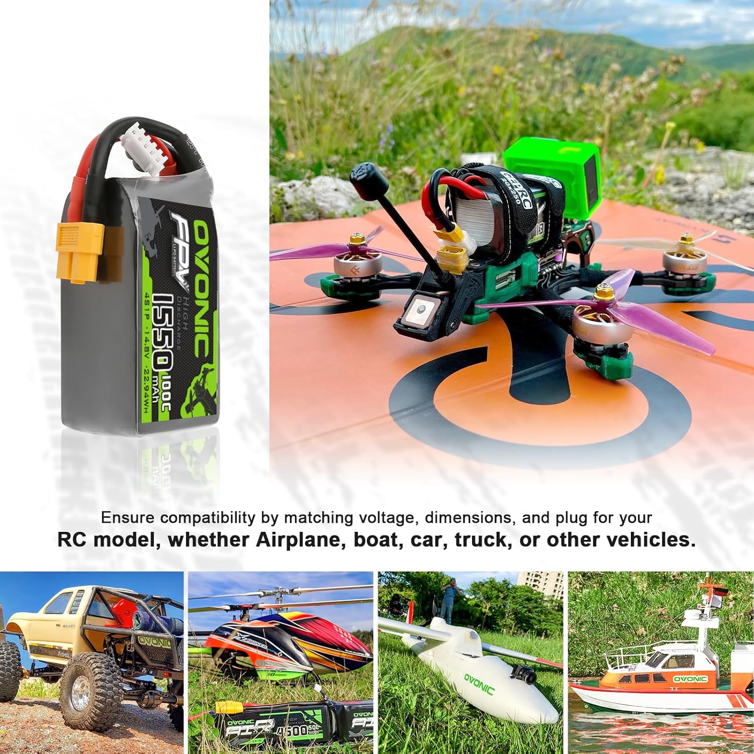 OVONIC 4s Lipo Battery 100C 1550mAh 14.8V Lipo Battery with XT60 Connector for RC FPV Racing Drone Quadcopter (Pack of 2)