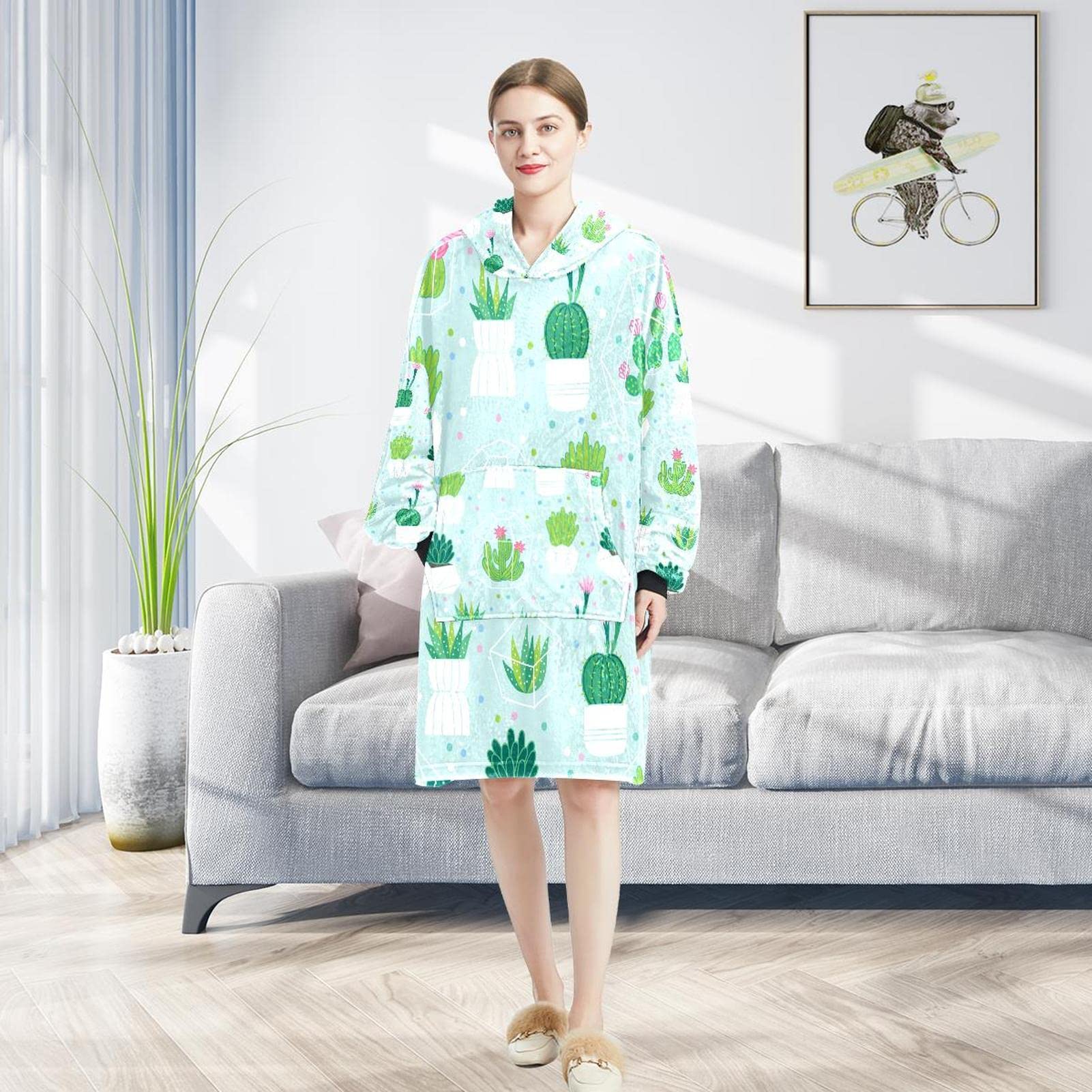 Felpa oversize con cappuccio, in flanella Sherpa, con cappuccio e tasca per adulti, uomini e donne, cactus
