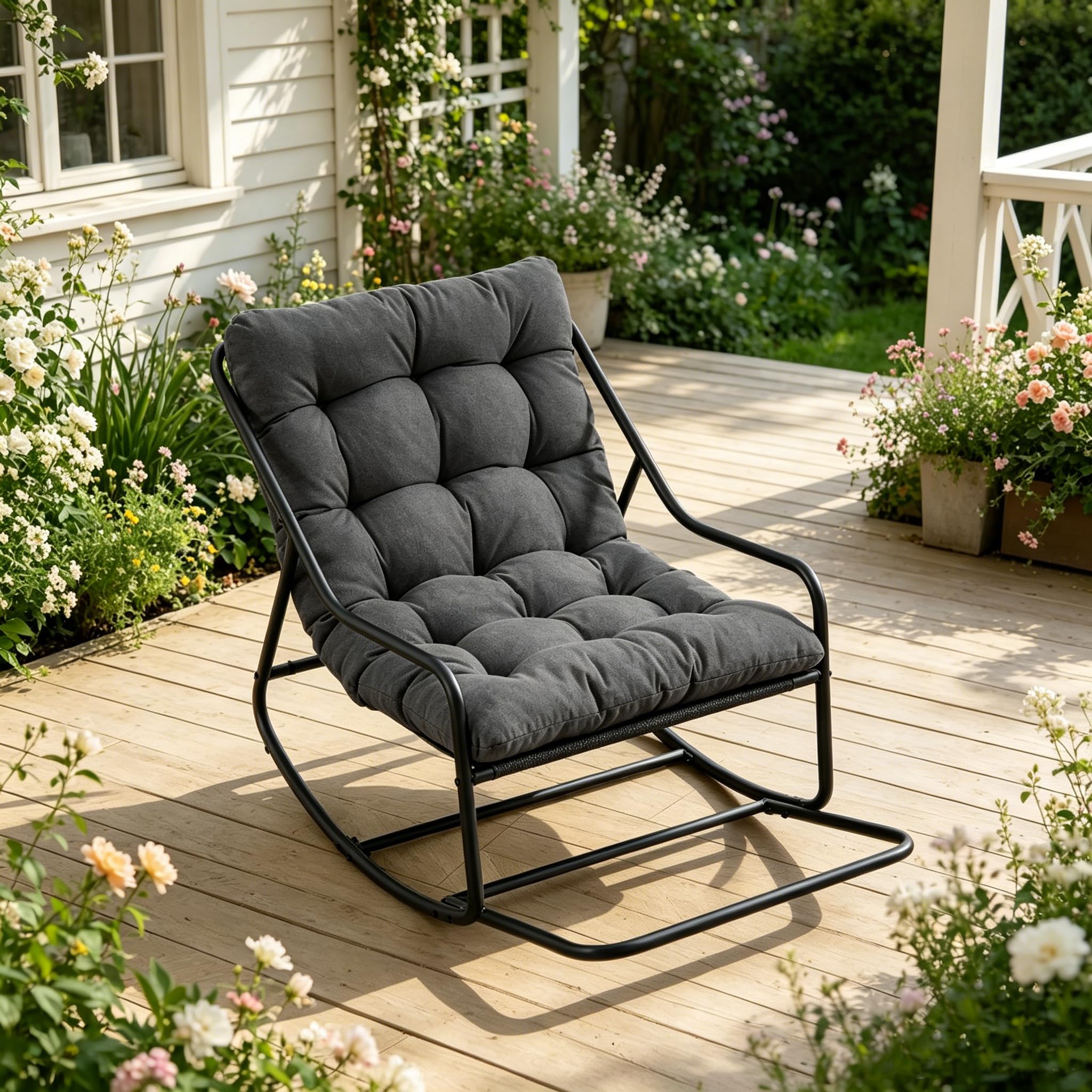 Ball & Cast Schaukelstuhl für Drinnen & Draußen, Rocking Chair mit Gepolstertem Kissen und Fußstütze, Moderner Balkonsessel für Wohnzimmer, Garten & Terrasse, Grau