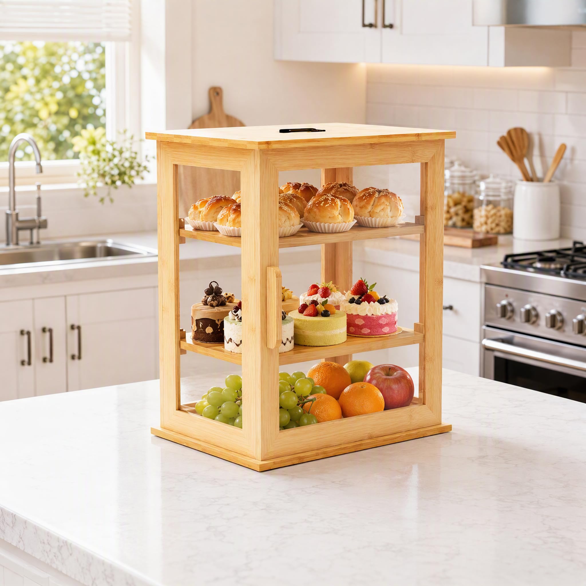 Panera de bambú para pan, contenedores de almacenamiento de pan de 3 capas, vitrina de colección de pan con ventana transparente y capa extraíble para cocina, montaje automático