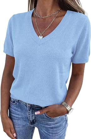 PRETTYGARDEN Womens Short Sleeve Sweater V Neck Tops | Lightweight Sweater Shirts, Business Casual Work Tops, Dressy Casual Blouses, Spring Summer Fall Outfits, Fashion Clothing