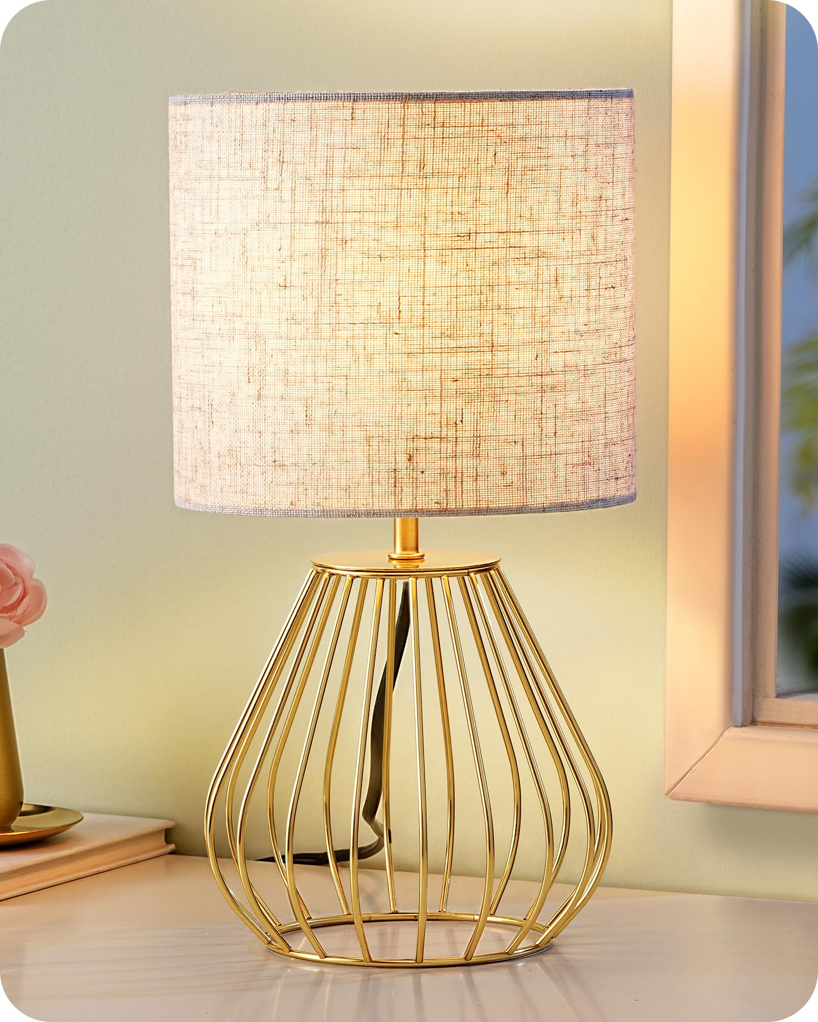 EDISHINE Bedside Lamp, Table Lamp with Metal Cage Base & Linen Lampshade, Modern Lamps for Living Room Bedroom, E14 Socket (Bulb Included), Teardrop Cage, Gold