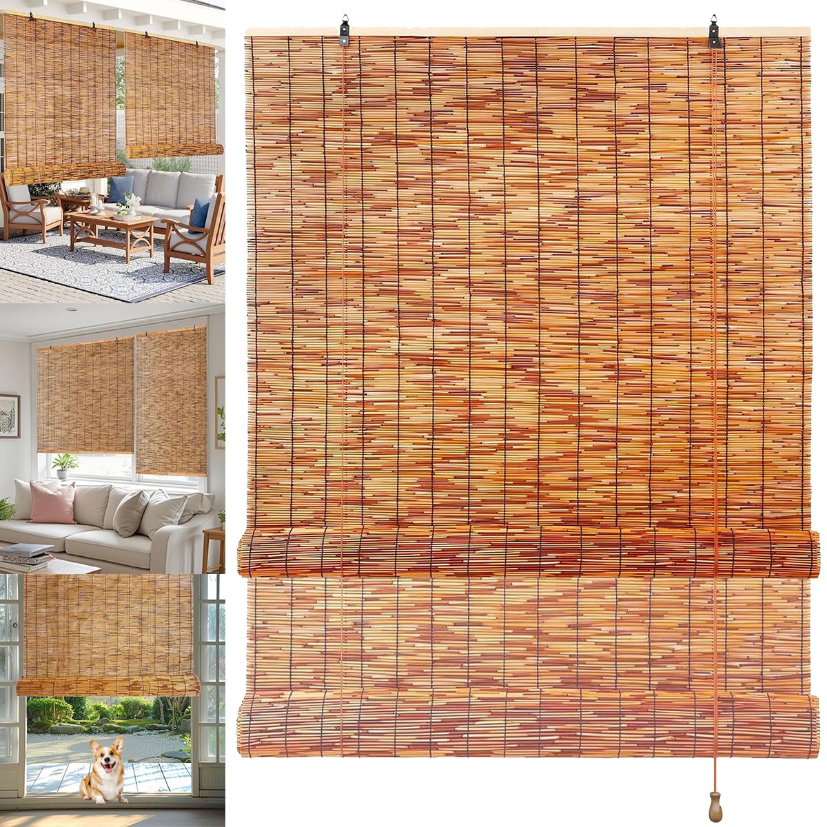 AYHSMNOU Retro Bamboo Reed Roller Blinds For Windows, Indoor/outdoor Roman Shades, Light Filtering Privacy Screen, Blackout Bamboo Blinds, Bamboo Window Blinds for Home Patio Porch