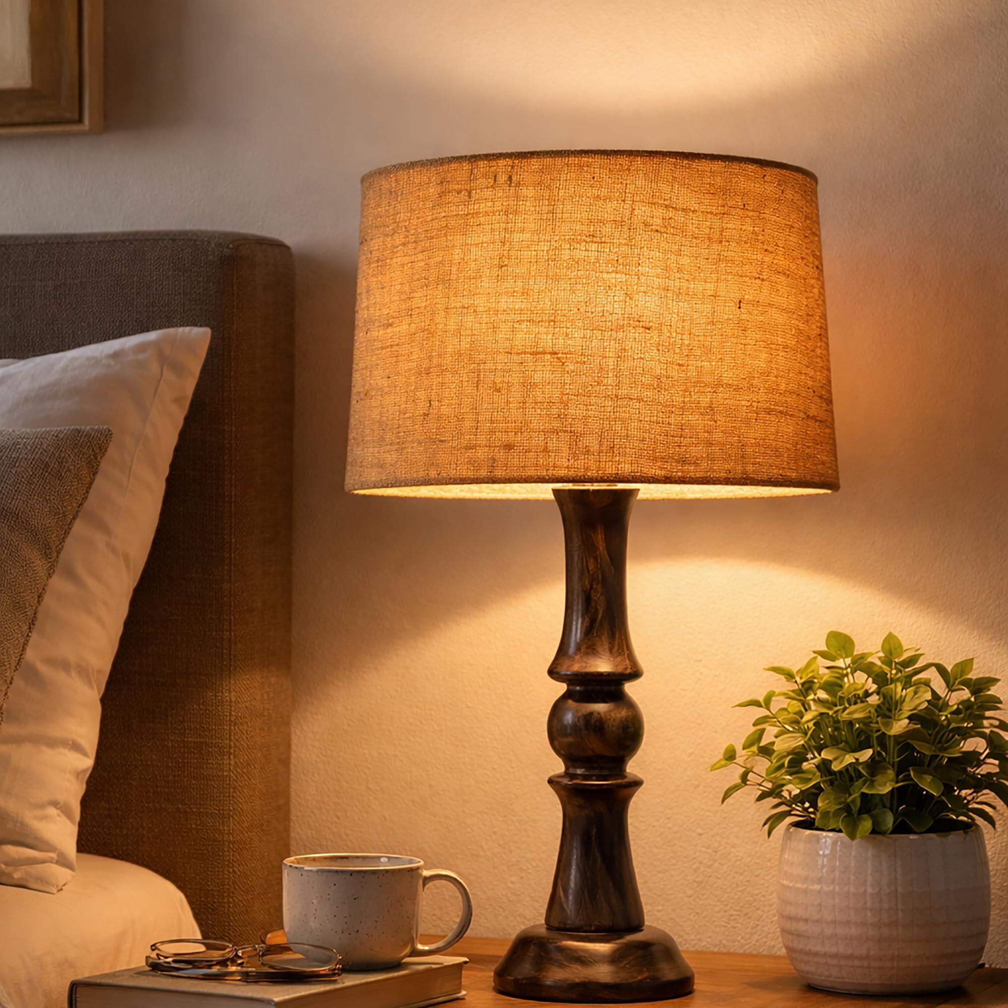 Elegant Lathe-Turned Doumbeks Wooden Base Decorative Wooden Table Lamp with Printed Fabric Shade | Bedside Lamp for Bedroom & Living Room | E27 Bulb Holder with Bulb Included (Jute)-picture-27