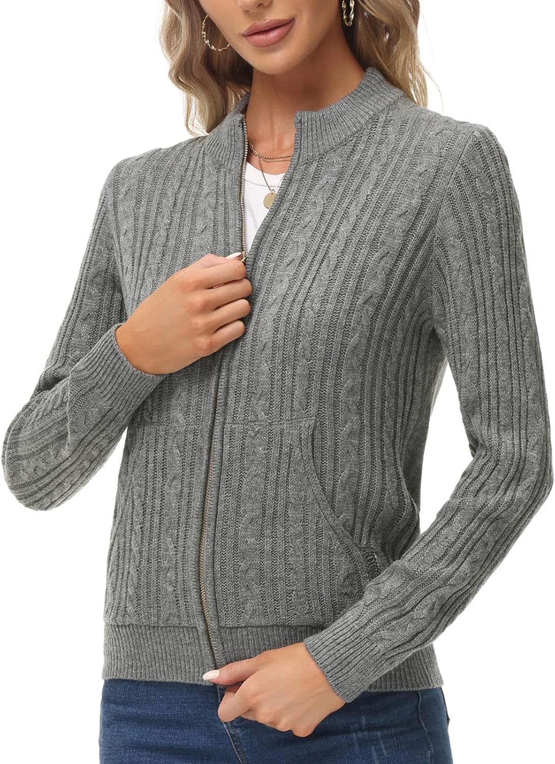 KANCY KOLE Women's Zip Up Sweaters Jacket, Cable Knit Chunky Cardigan Sweater with Pockets, Fall Winter Clothes