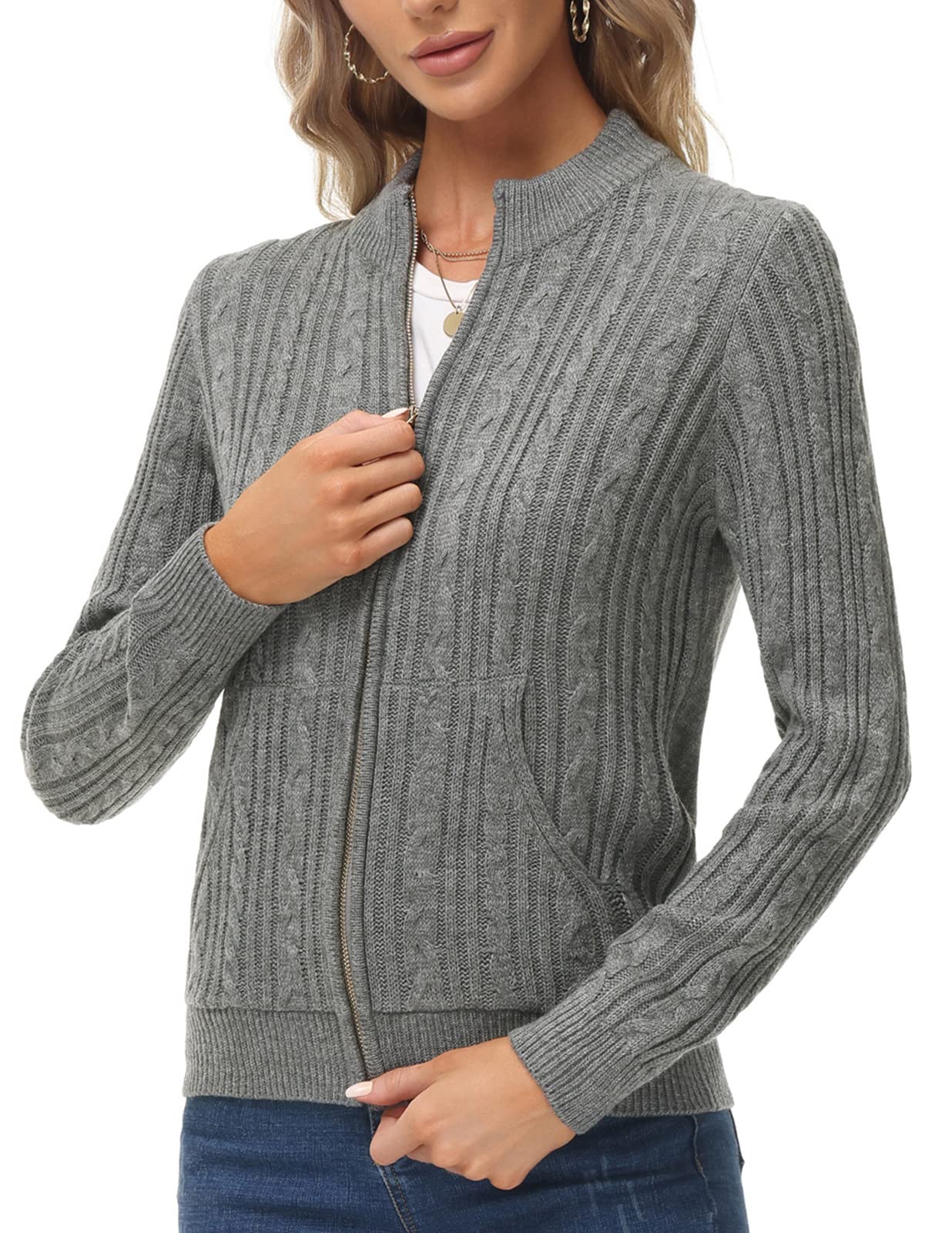 KANCY KOLE Women's Zip Up Cable Knit Sweater Long Sleeve Open Front Cardigan Warm Cardigan with Pockets Outwear Coat