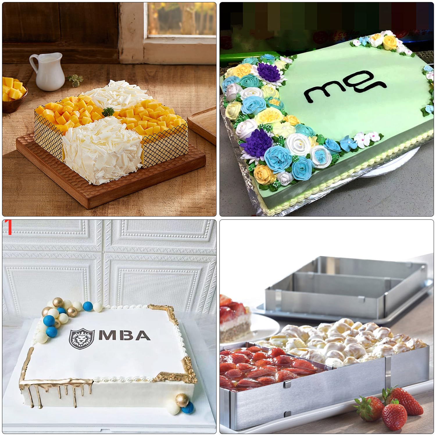 Marco rectangular ajustable de 5 cm de alto, molde rectangular de 27 x 18 hasta 52 x 33 cm, molde para tartas ajustable con paleta angular, acero inoxidable, molde rectangular para hornear,