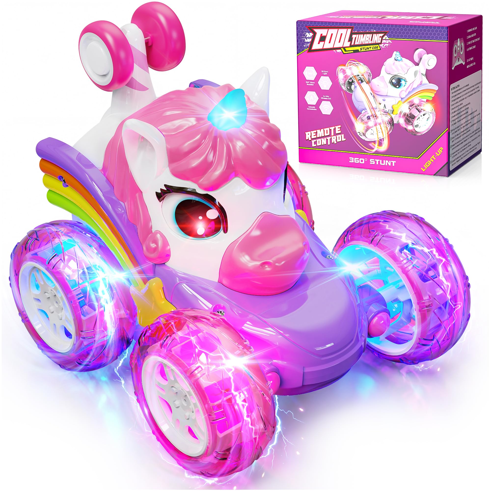 Hot Bee Remote Control Cars, Toy Cars for Kids Age 3 4 5 6, RC Stunt Car with LED Light, Unicorn Gifts for Girls, Unicorn Toys for 2 3 4 5 6 Year Old Girls