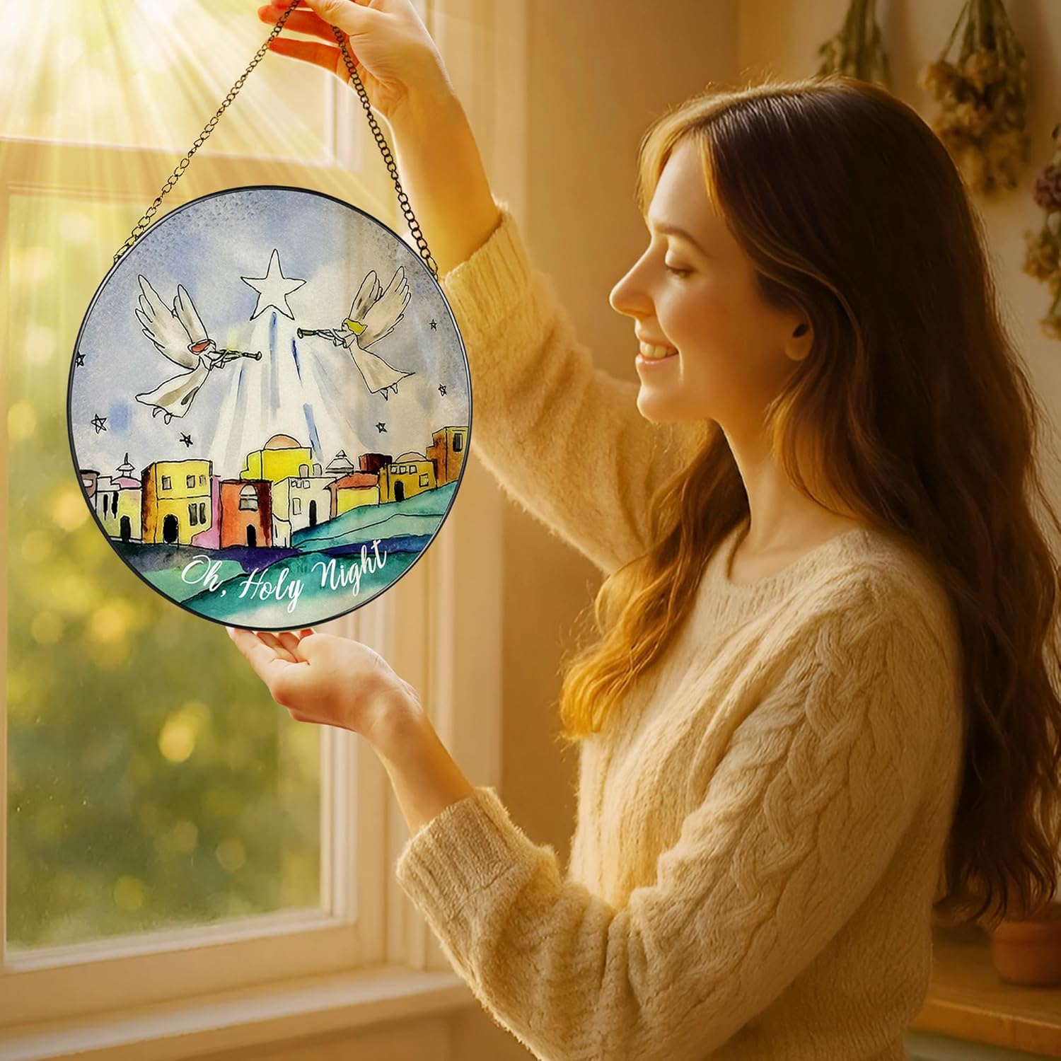 8'' Bethlehem Religious Stained Glass Suncatcher, Window Hanging Decor, Oh Holy Night Ornament, Christian Holiday Decor, Christian Gifts, Religious Gifts, Gift for Christmas - Image 2