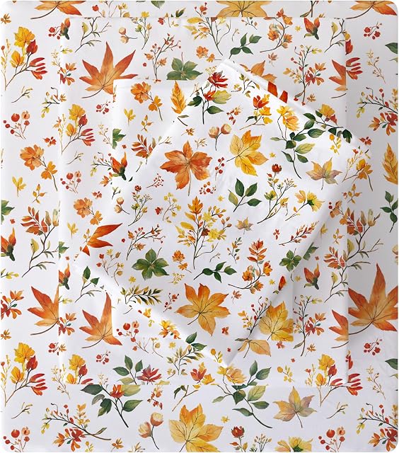 Viviland Floral Twin Sheet Set - 3 Piece Vintage Orange Maple Leaves Patterned Bed Sheets - Soft, Breathable Microfiber Sheets with Deep Pocket, Non-Slip Fitted Sheets & Pillowcases
