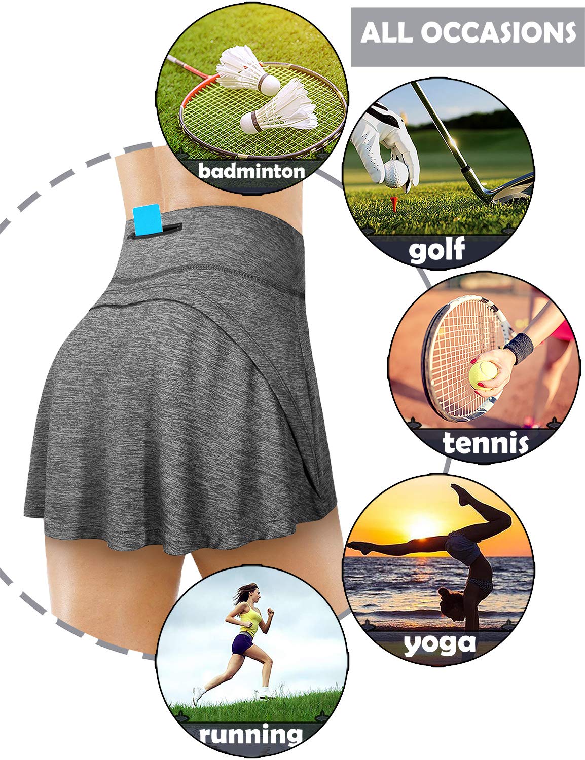Fulbelle Tennisrock für Damen, mit Taschen, hohe Taille, athletischer Golf-Skorts