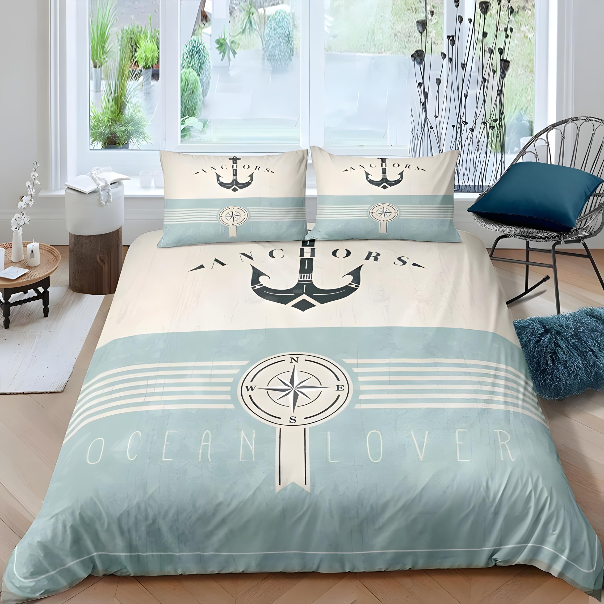 Qiwagu Bettwäsche 155x220 Anker Kompass Maritim, Bettwäsche-Sets KüStenstil aus Microfaser, Bettbezug 155x220 und 2 Kissenbezüge 80x80 cm, Z18 Küche, Haushalt & Wohnen
