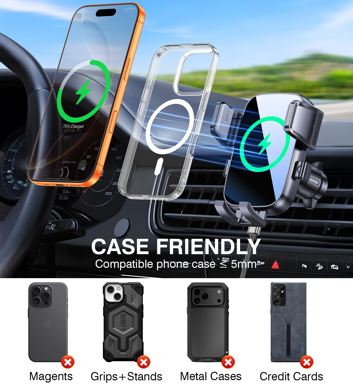 Kaistyle Caricabatterie wireless per auto, con ventosa e clip, ricarica rapida, senza vibrazioni, per iPhone 16, 15, 14, 13, Pro Max, serie Samsung, tutti gli smartphone