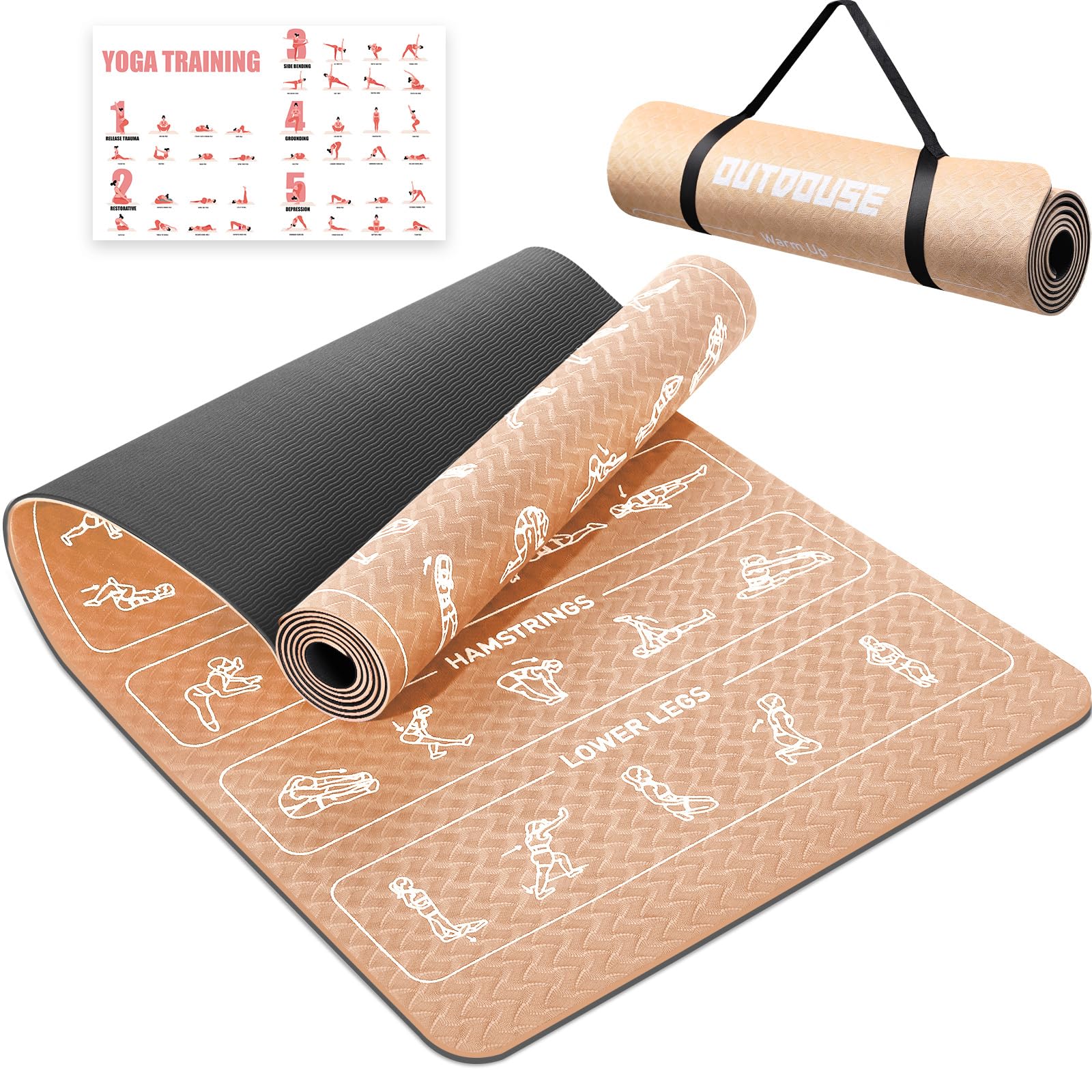 OUTDOUSE Yoga Matte,70 gedruckte Yoga-Posen, TPE-Material rutschfest,Gymnastikmatten mit Aufbewahrungsriemen, Yogamatten für Frauen und Männer, 181x63x0,6cm