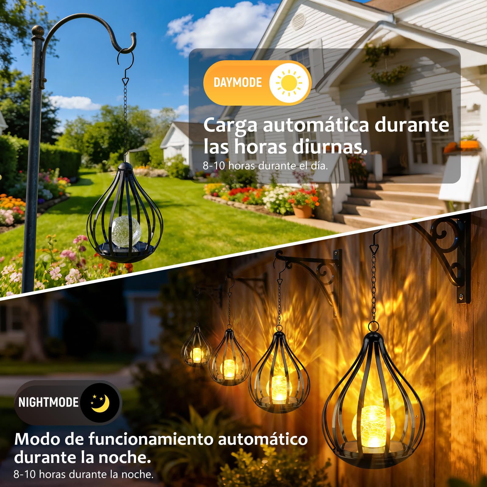 Farolillos Solares Exterior, 2 Piezas Lamparas Solares Exterior Jardin, Luces Solares Metálicas Suspendidas Impermeables, Decoracion Jardin Exterior, Aptas para Balcones, Patios y Terrazas