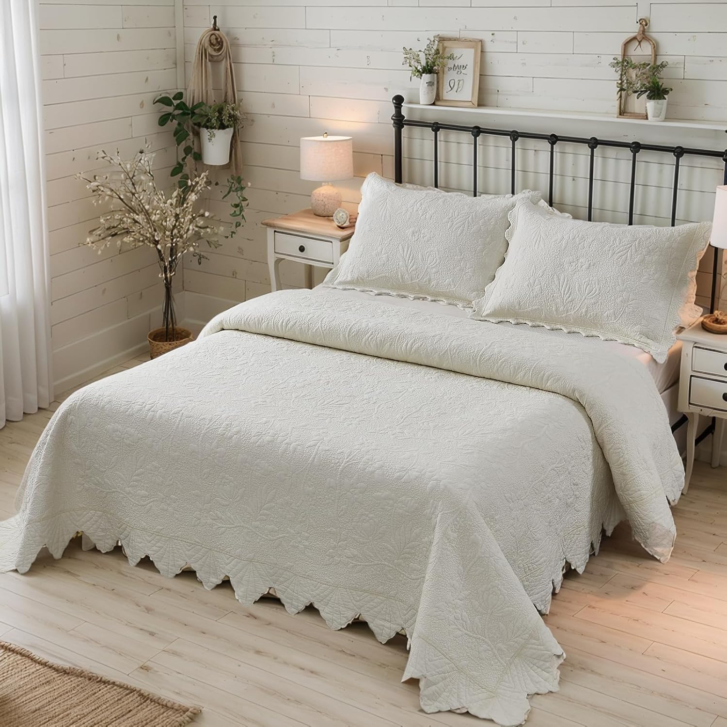 Brandream King Size Quilt Set Cotton Cream Buttery White Luxury Matelasse Bedding Coverlet Set Scalloped Bedspreads 3-Piece - Image 5