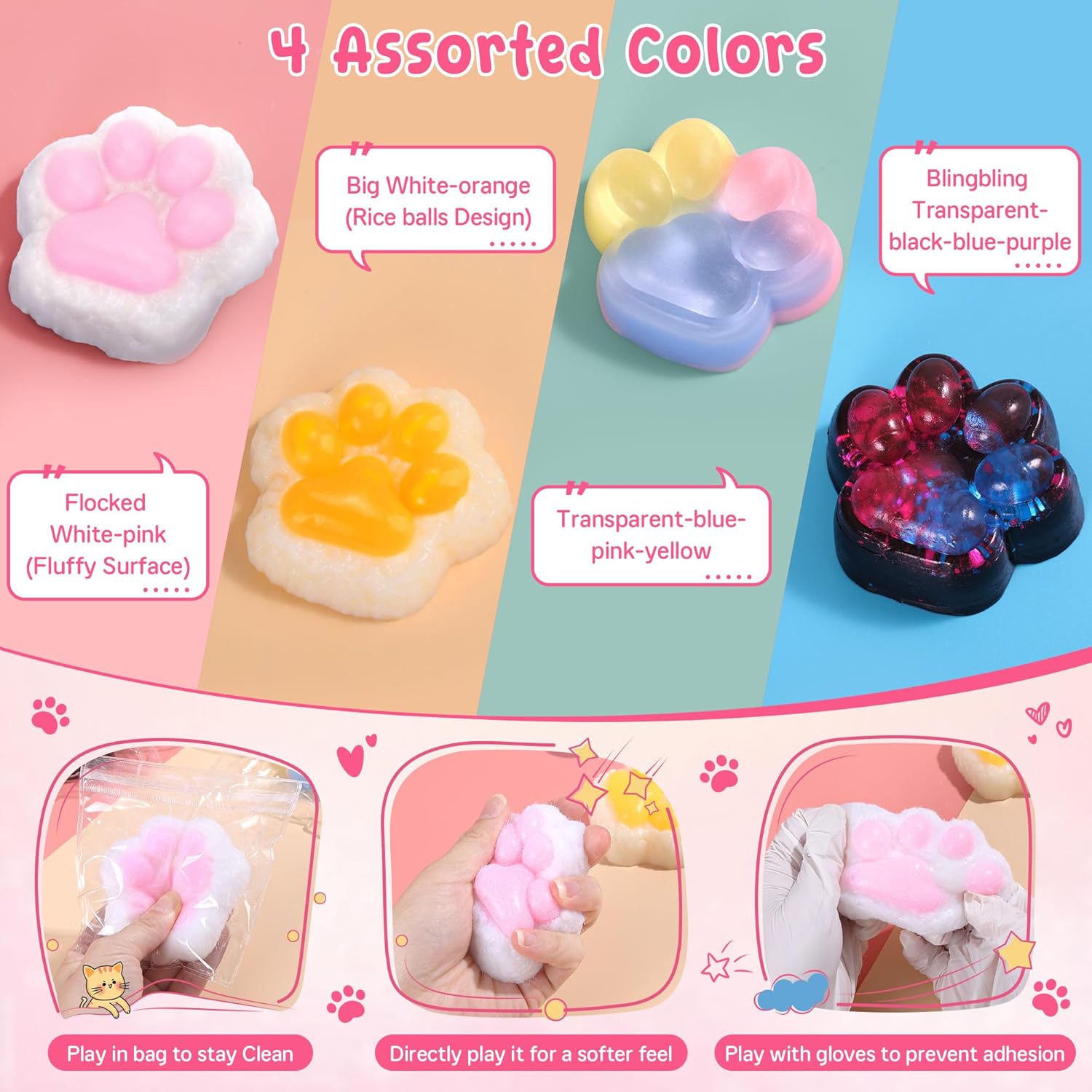 4 Pcs Taba Squishy Paw, Cat Paw Squishy Toys – Soft Sticky Sensory Fidget Pack for Stress Relief, Cute Kawaii Fufu Squeeze Toys, Gifts for Boys Girls Adults Kids, Party Favors