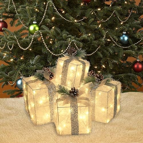 Miniatura 7 de COVFEVER Juego de 4 cajas de regalo iluminadas de Navidad, cajas de regalo con luces preiluminadas, juego de cajas de regalo iluminadas que