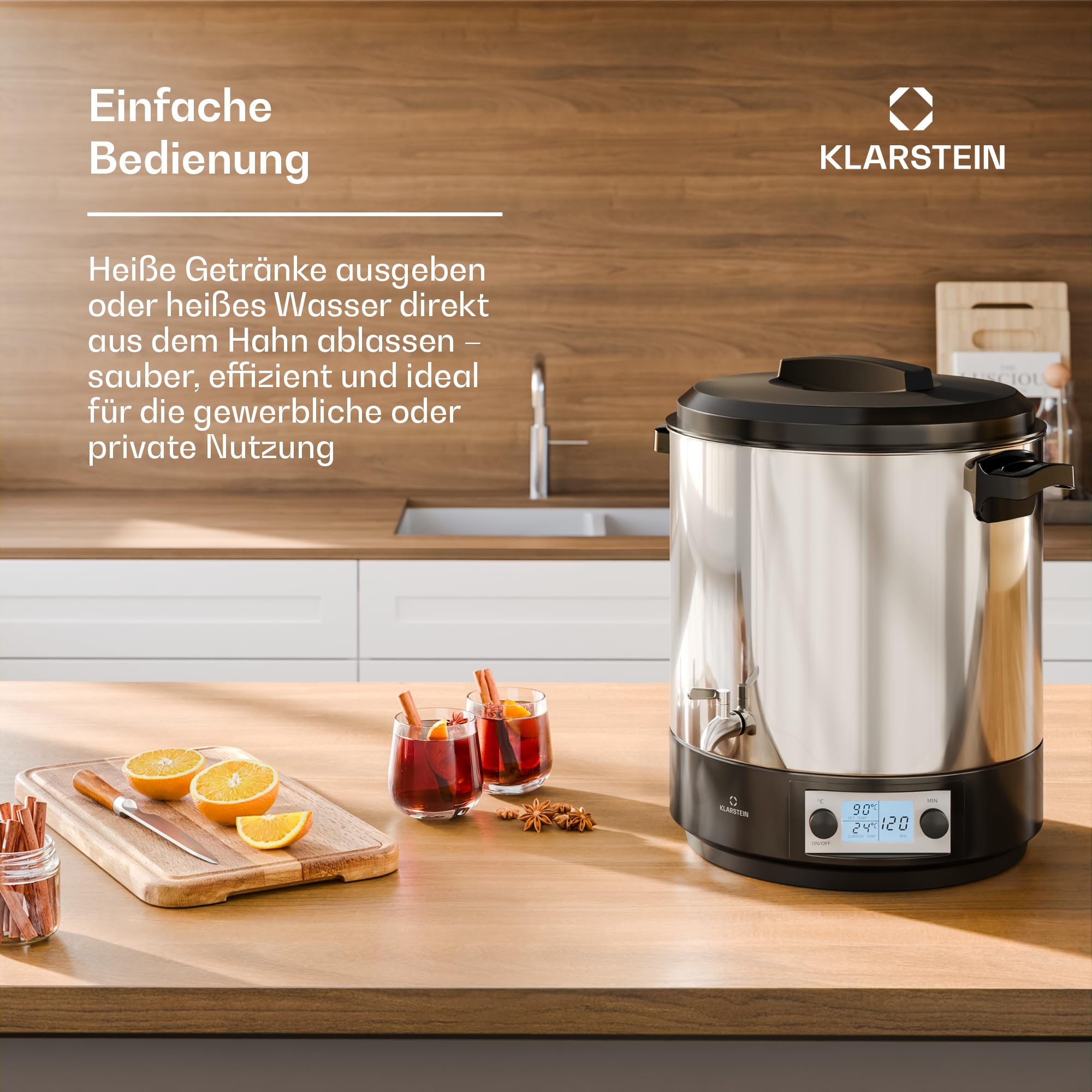 Klarstein Biggie Digitaler Einkochautomat, 25 L Edelstahl-Einkochtopf mit Edelstahlhahn & Timer, 2000 W, 30–100 °C, LCD-Display, Glühweinkocher, Einweckautomat, Heißgetränkespender